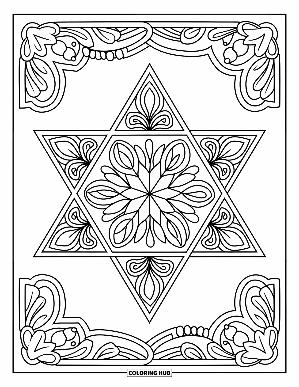 Hanukkah Coloring Page for Adults: A floral mandala Star of David filled with intricate designs