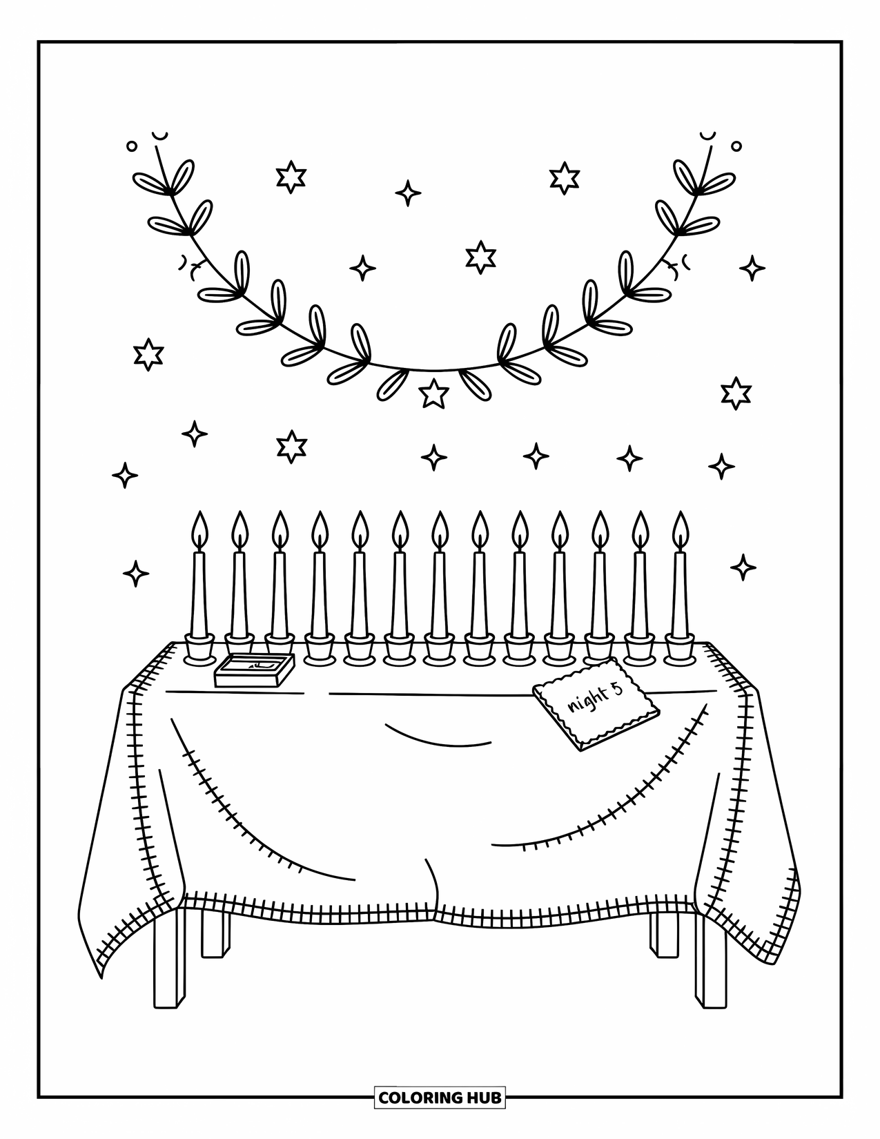 Hanukkah Coloring Page for Adults: A long candle table with ìNight 5î label and cozy festive banner