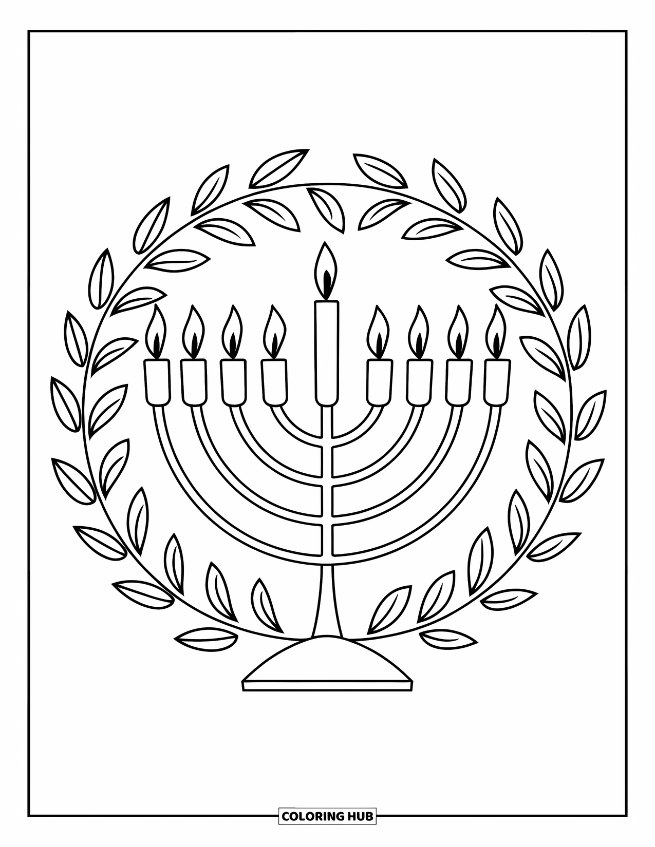 Hanukkah Coloring Page for Adults: A menorah and dreidel scene beneath a garland spelling "Hanukkah"