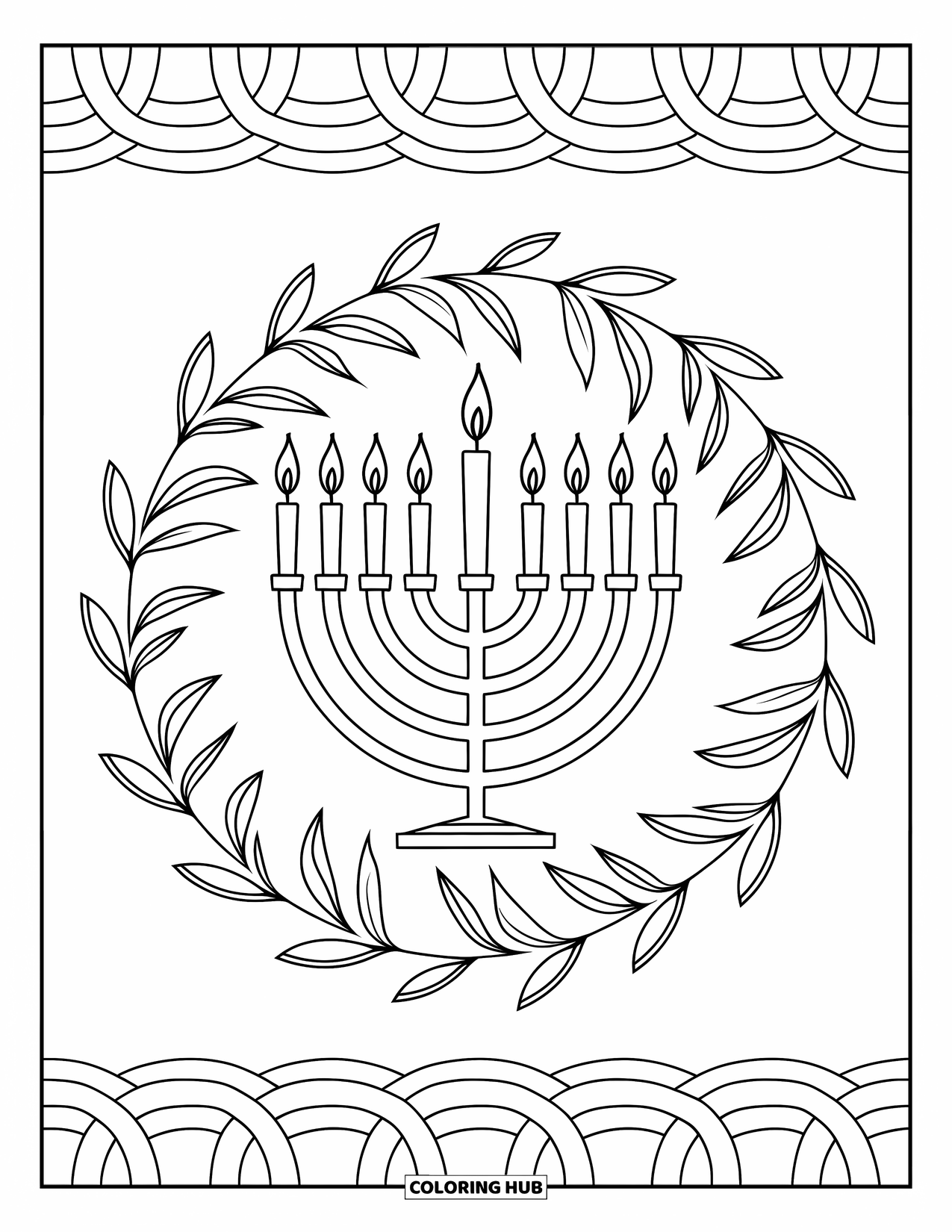 Hanukkah Coloring Page for Adults: A menorah surrounded by a mandala of olive branches and flames
