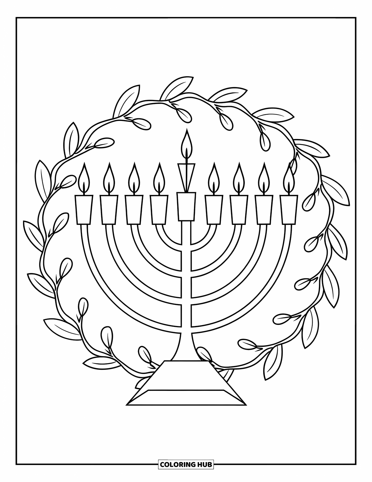 Hanukkah Coloring Page for Adults: A menorah with intertwining olive branches and glowing candle flames