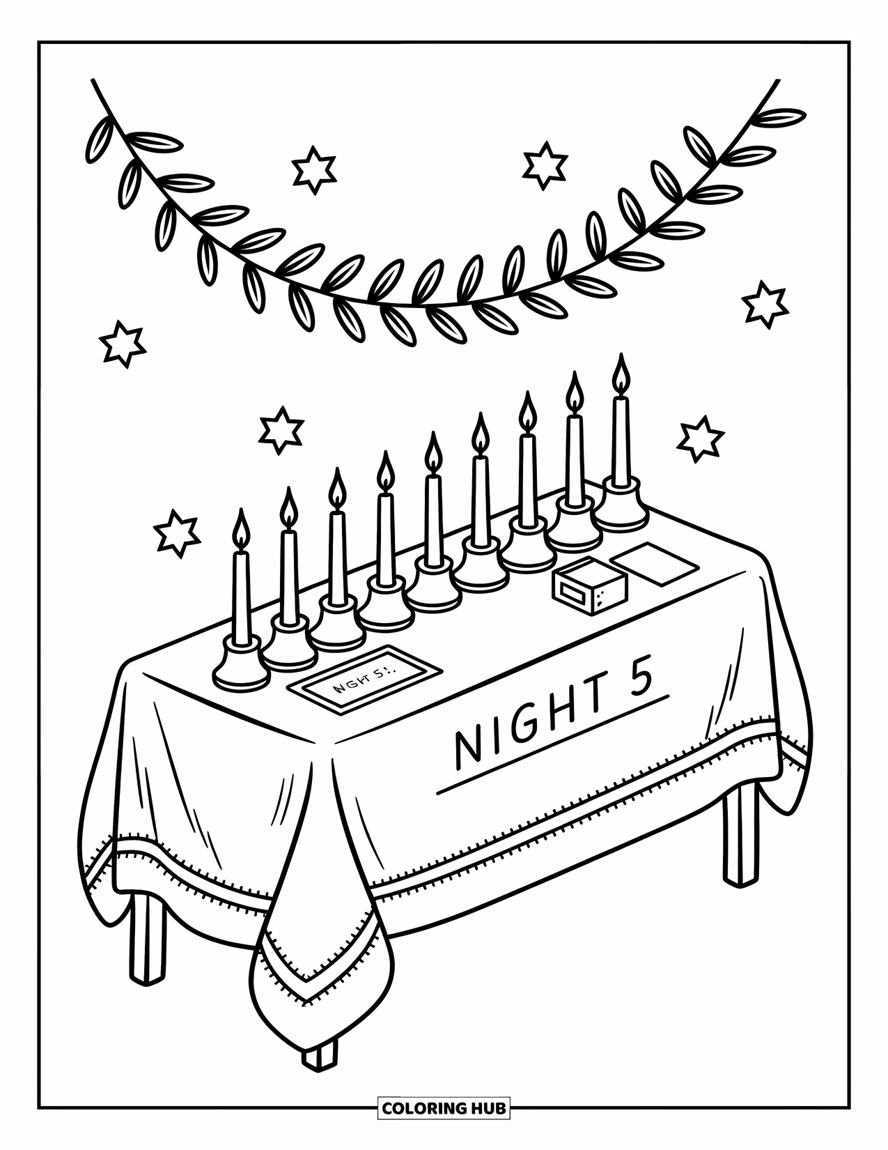 Hanukkah Coloring Page for Adults: A row of Hanukkah candles beneath olive leaves and star decorations