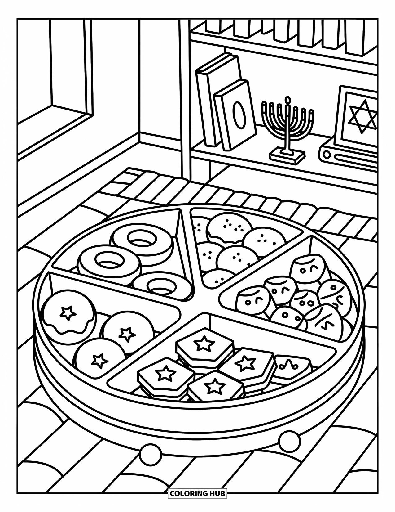 Hanukkah Coloring Page for Adults: A tray of Hanukkah treats: donuts, cookies, gelt, and wrapped candies