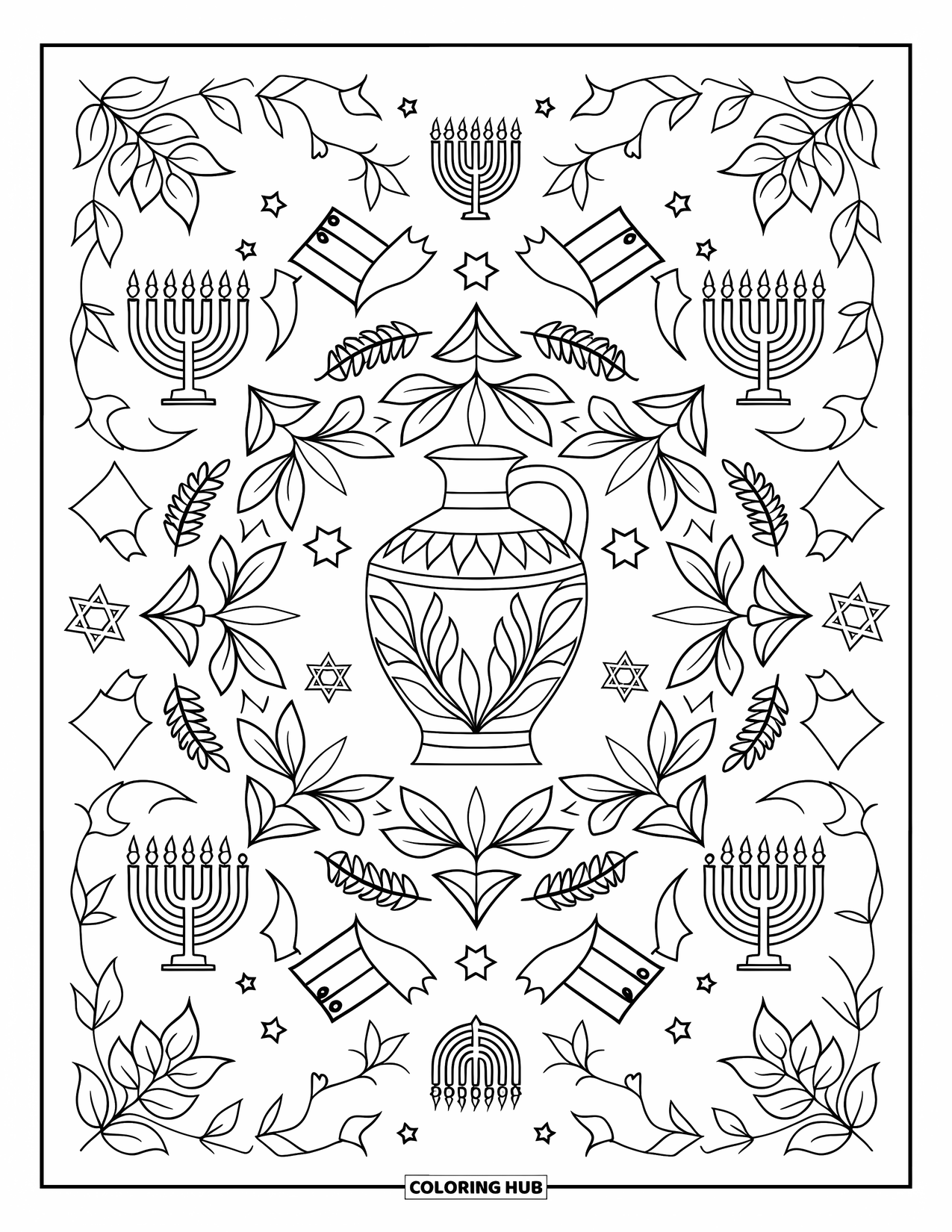 Hanukkah Coloring Page for Adults: An olive oil jug centered in a floral mandala with menorahs and dreidels