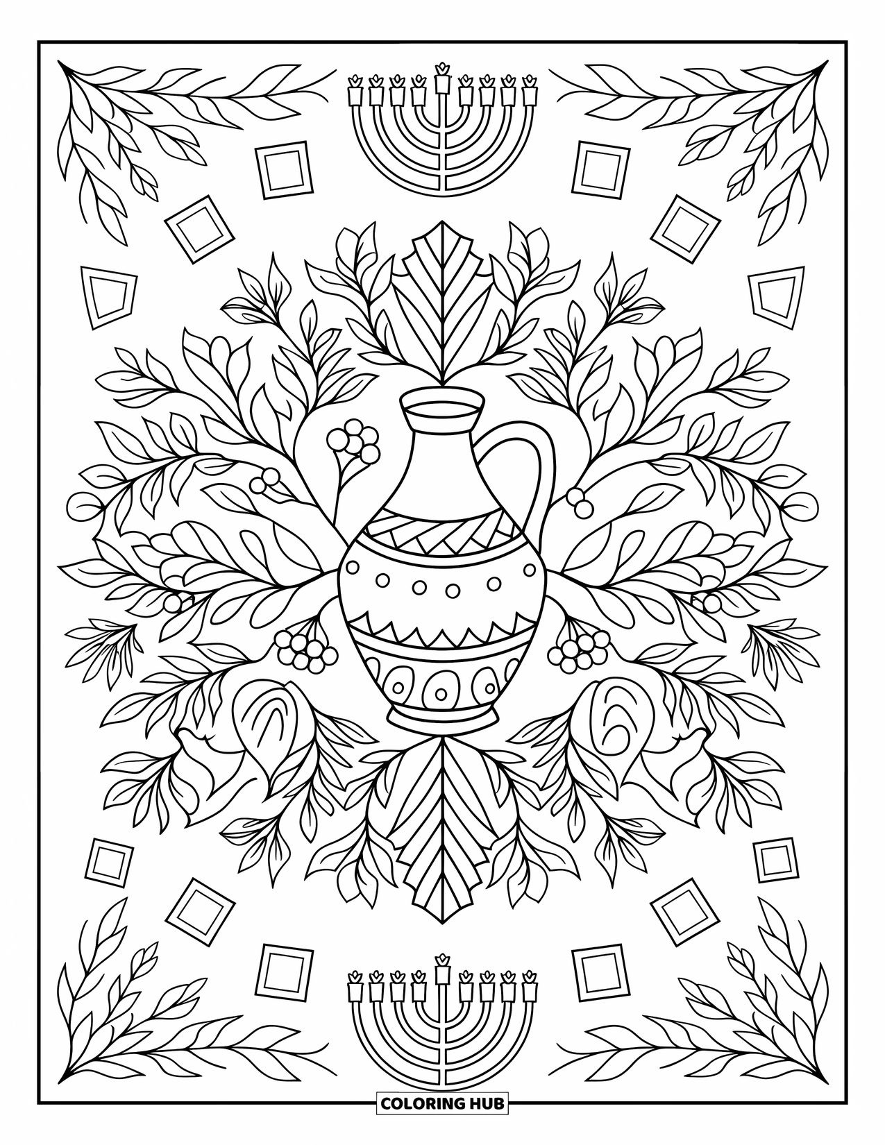 Hanukkah Coloring Page for Adults: An olive oil jug framed by menorahs, vines, and floral mandala designs