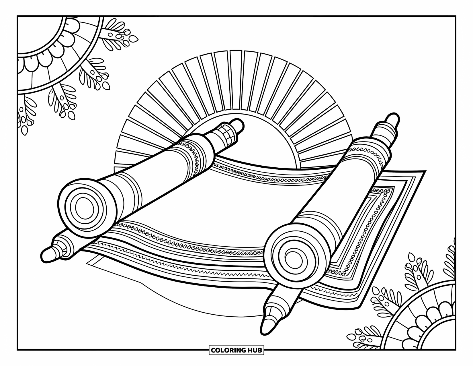 Hanukkah Coloring Page for Adults: An unfurled Torah scroll rests over olive branches and radiant mandala designs