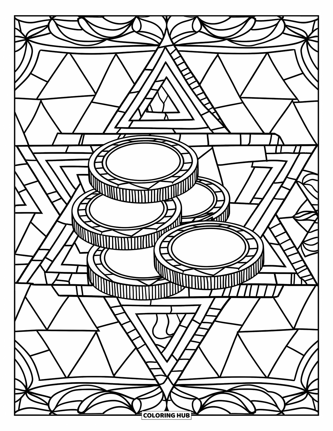 Hanukkah Coloring Page for Adults: Gelt coins rest over a stained-glass pattern of Stars of David