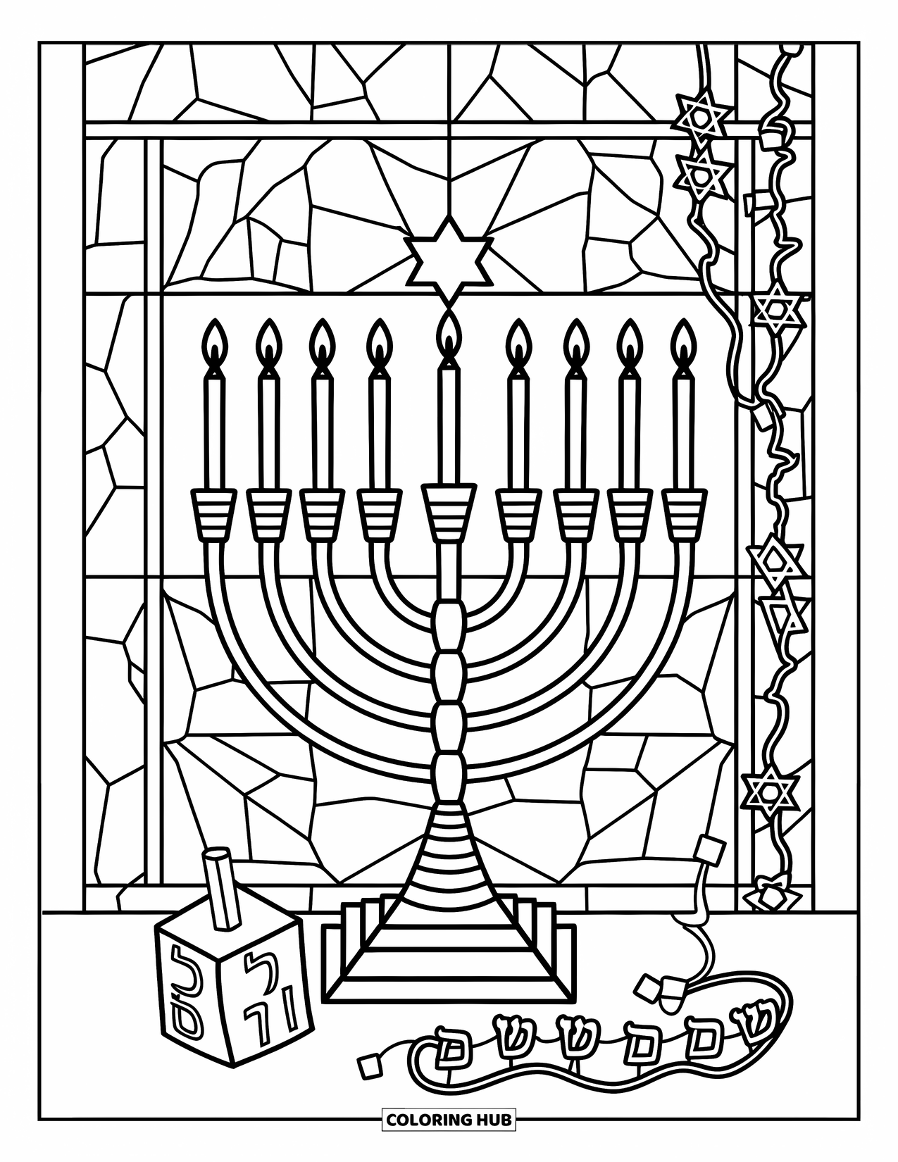 Hanukkah Coloring Page for Adults: Gelt coins shine over stained-glass Stars of David and garlands