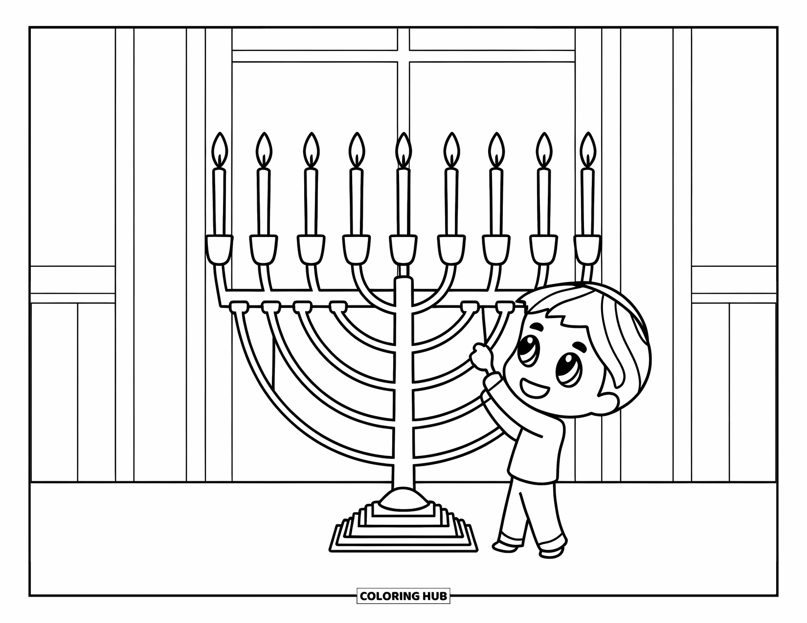 Hanukkah Coloring Page for Kids: A chibi boy smiles as he places the last candle on the menorah