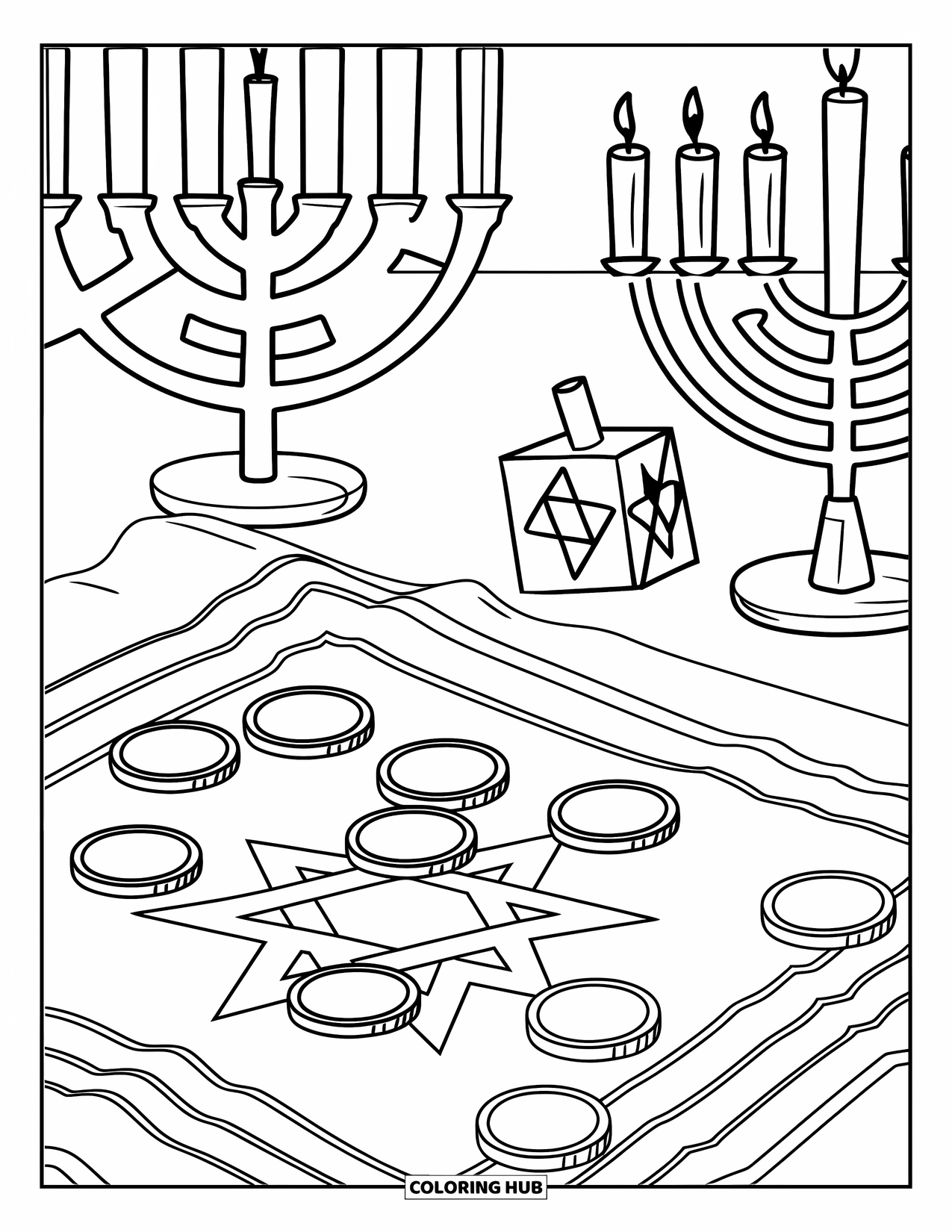 Hanukkah Coloring Page for Kids: A cloth patterned with stars shines beneath scattered gelt coins