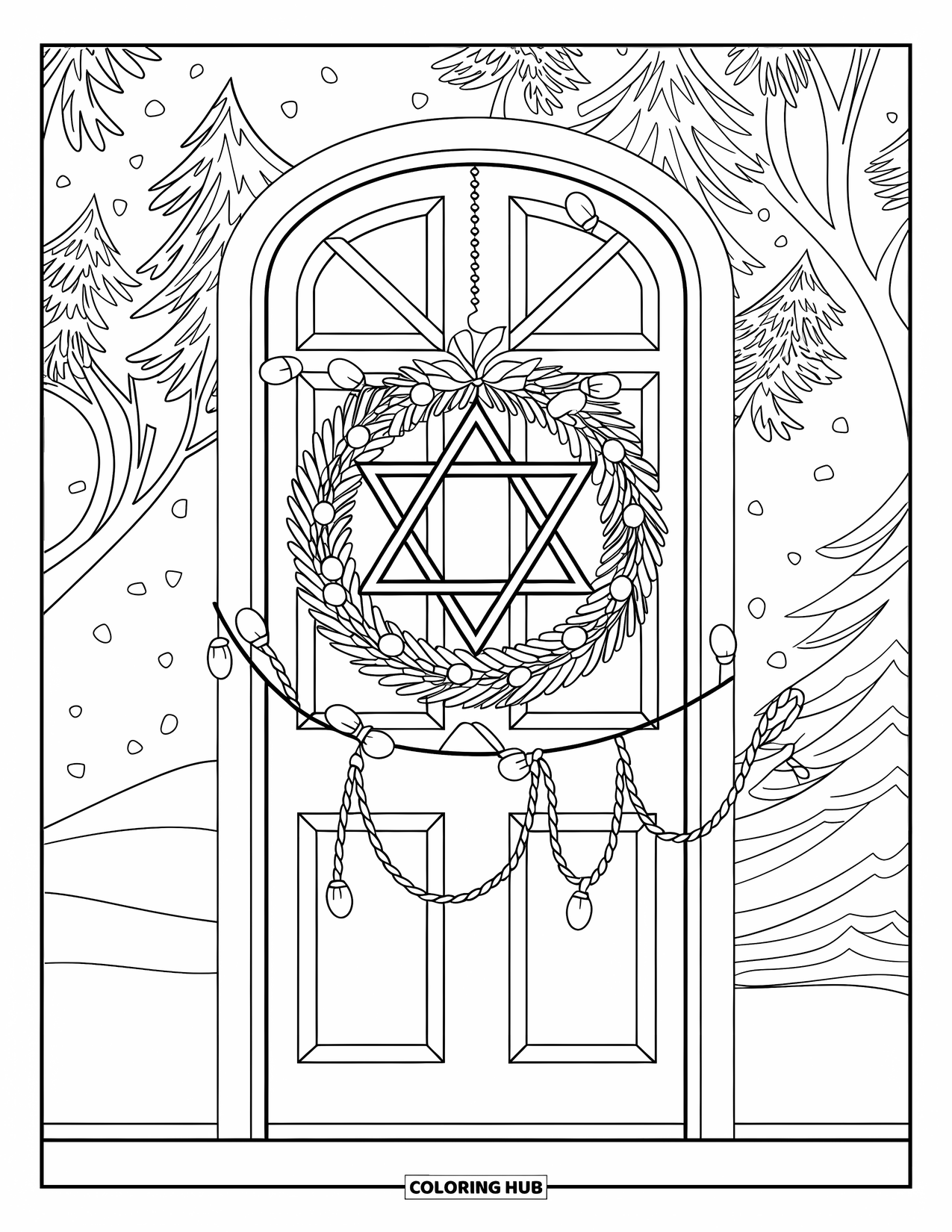 Hanukkah Coloring Page for Kids: A door with a Star of David wreath glows with string lights
