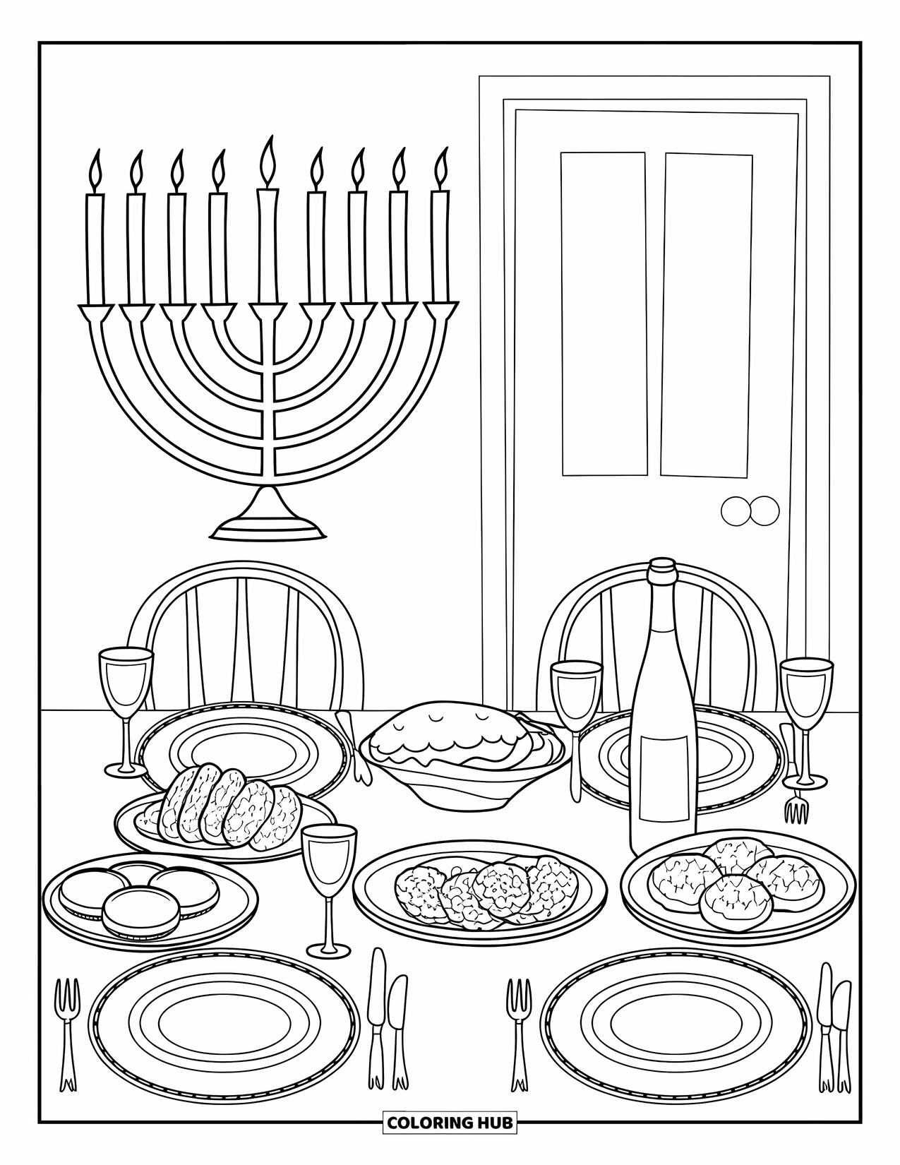 Hanukkah Coloring Page for Kids: A festive table with candles, latkes, and sweets fills the room