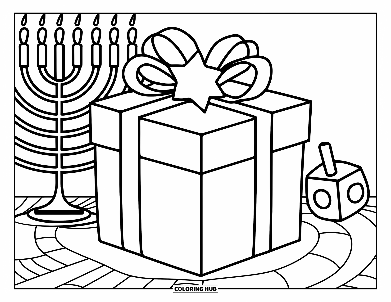 Hanukkah Coloring Page for Kids: A Hanukkah gift box sparkles beside a menorah and dreidel
