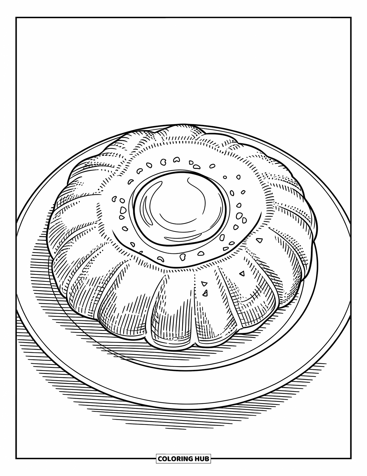 Hanukkah Coloring Page for Kids: A jelly doughnut with powdered sugar sits on a simple plate