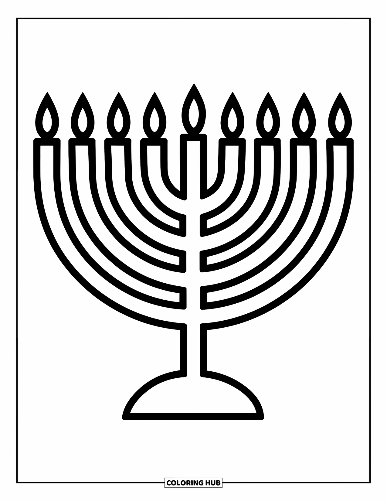 Hanukkah Coloring Page for Kids: A large menorah with nine bright candles glows on a round base