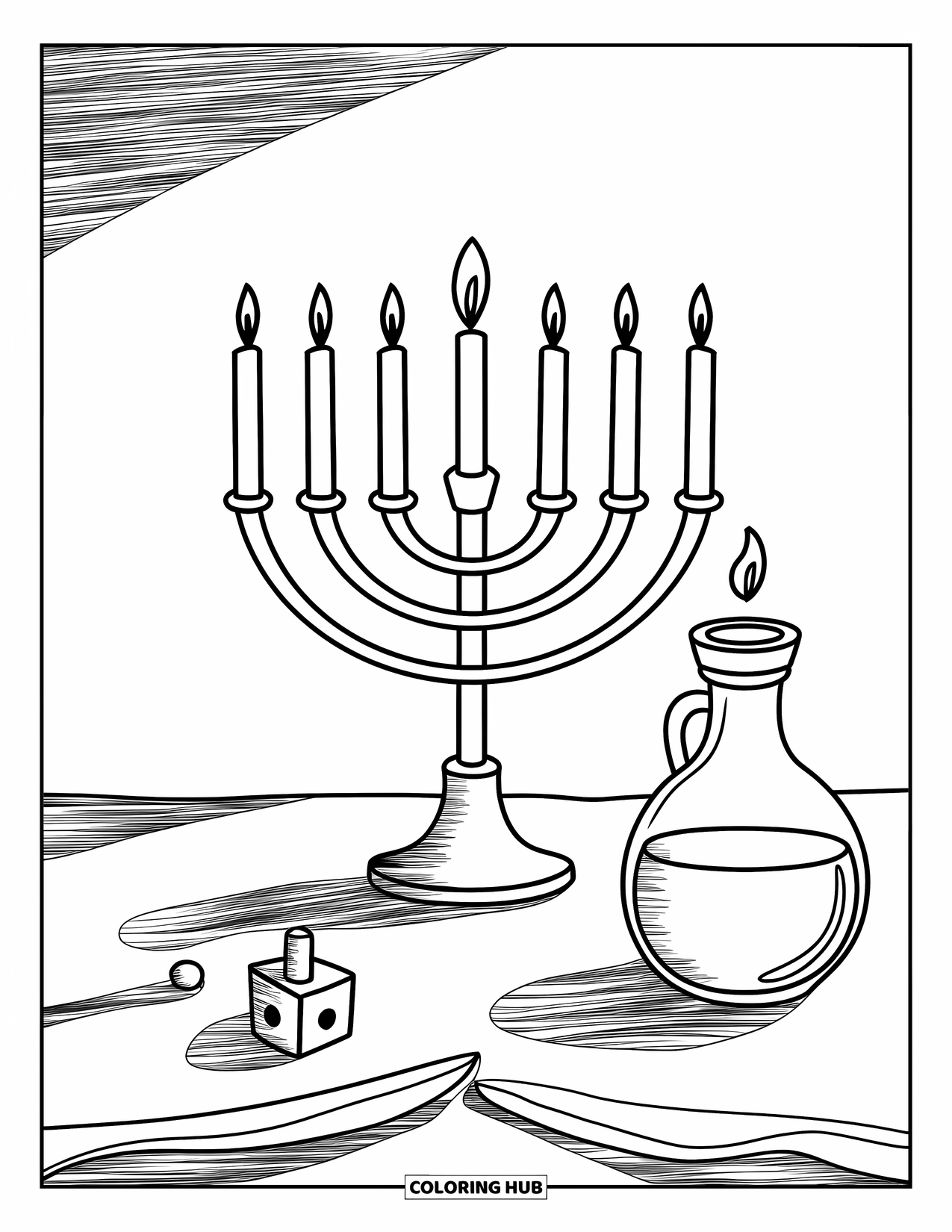 Hanukkah Coloring Page for Kids: A menorah and oil jar shine brightly on a festive table