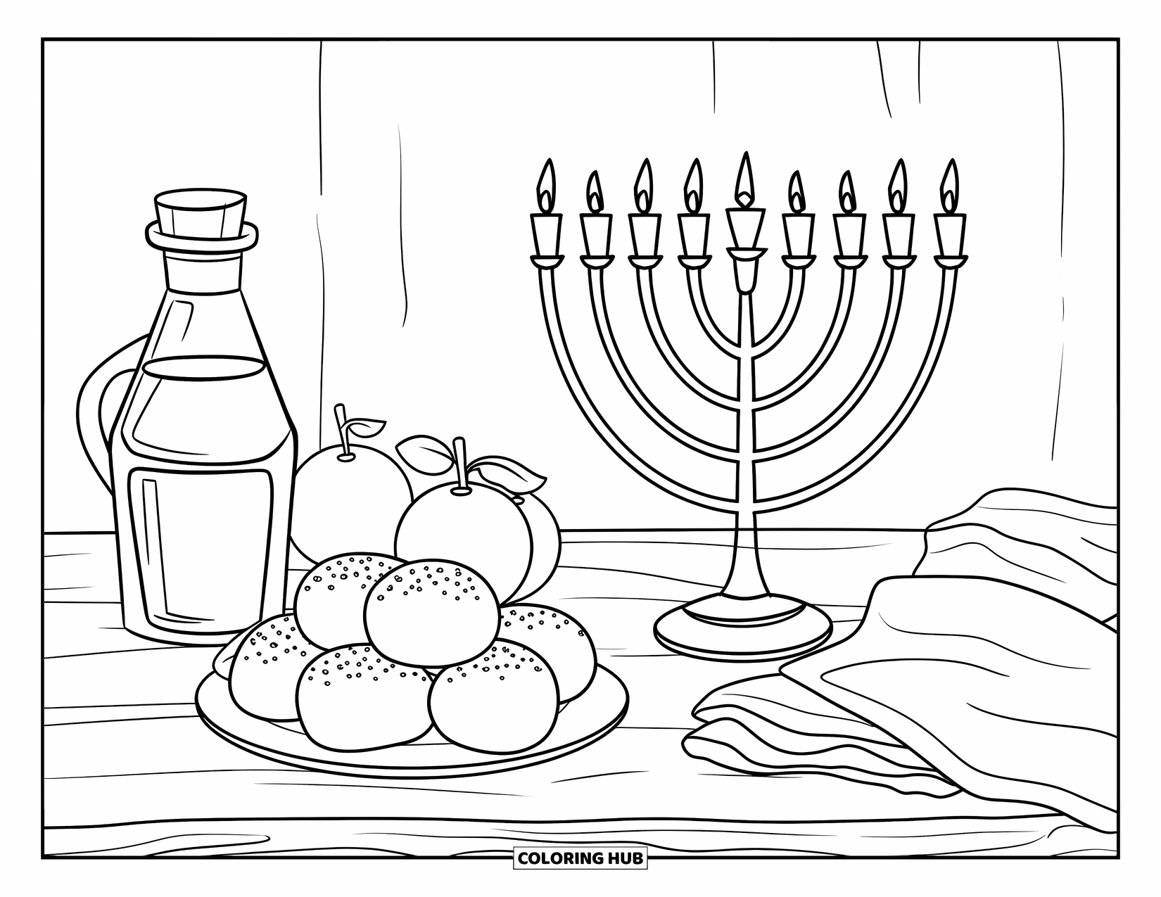 Hanukkah Coloring Page for Kids: A menorah and sufganiyot sit beside olive oil on a cozy table