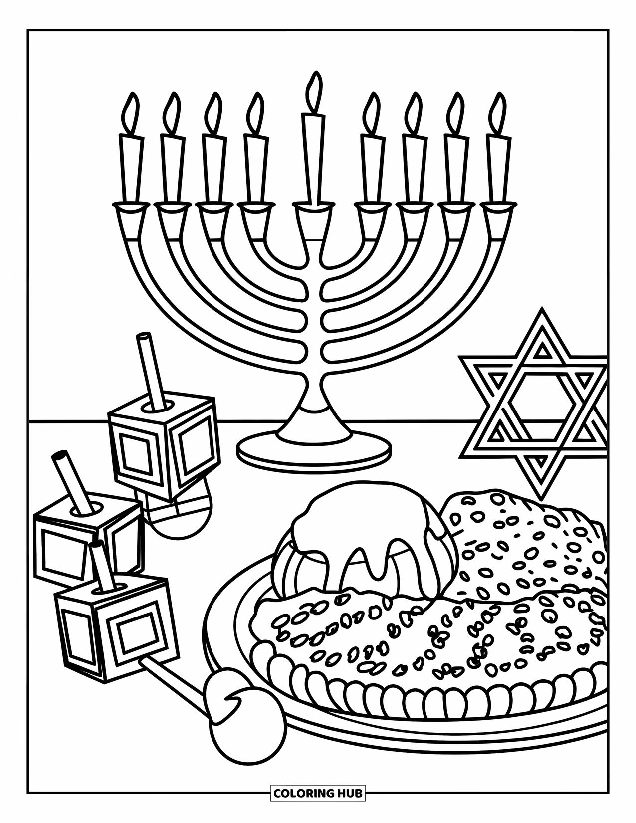Hanukkah Coloring Page for Kids: A menorah, dreidels, and latkes decorate a festive Hanukkah table