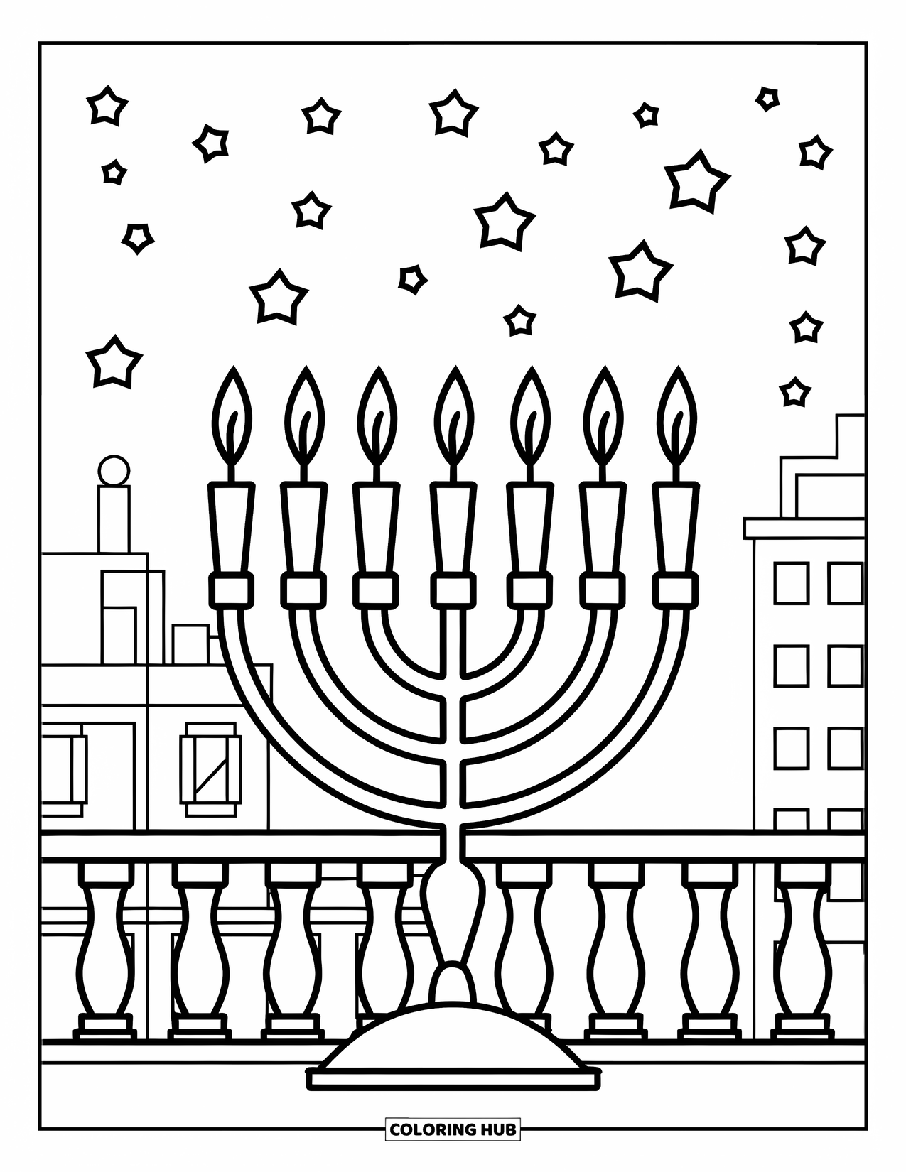 Hanukkah Coloring Page for Kids: A menorah glows on a city balcony under the starry night
