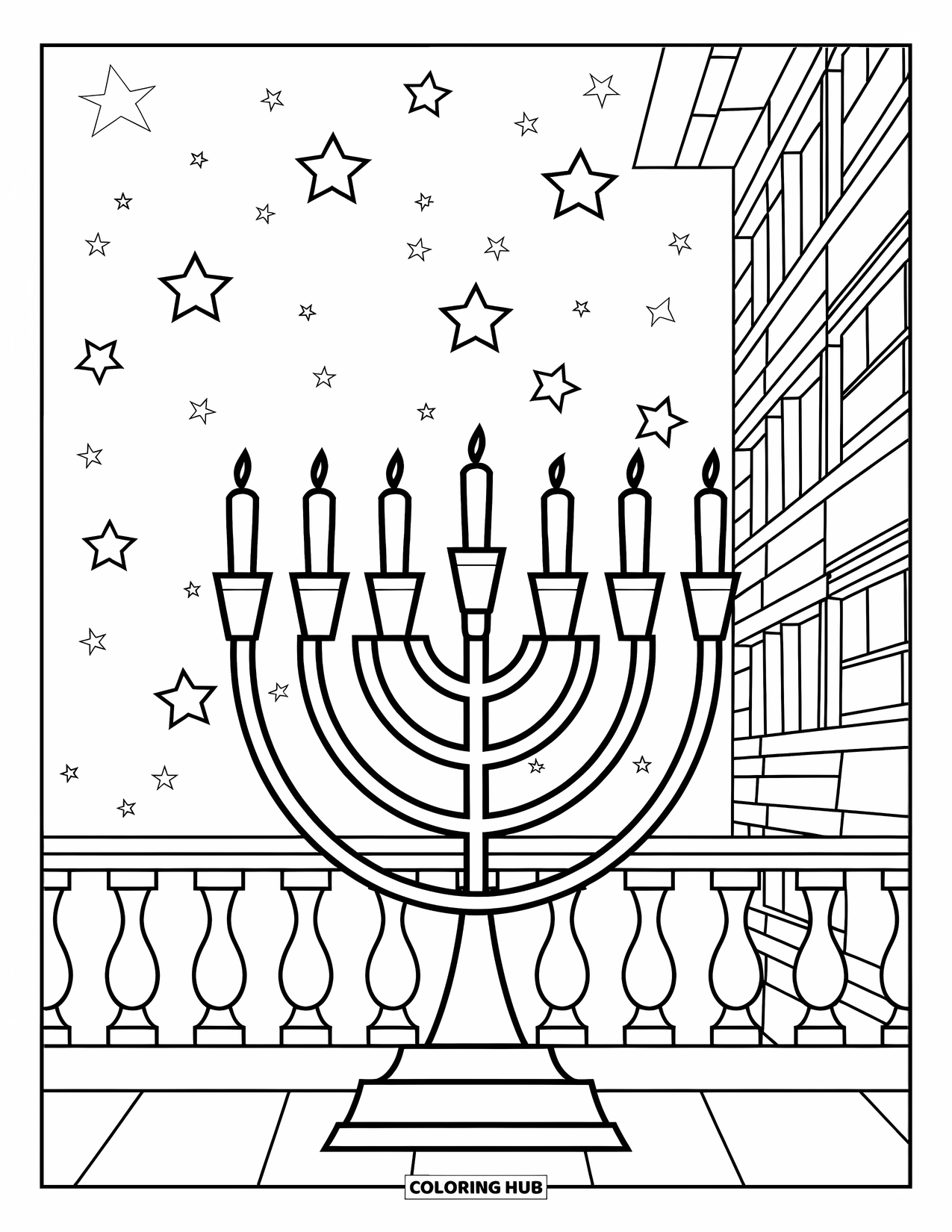 Hanukkah Coloring Page for Kids: A menorah lights the balcony beneath shimmering city stars