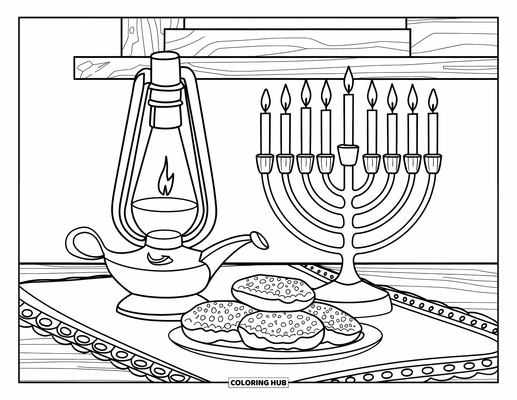 Hanukkah Coloring Page for Kids: A menorah, oil lamp, and sufganiyot glow on a festive wooden table