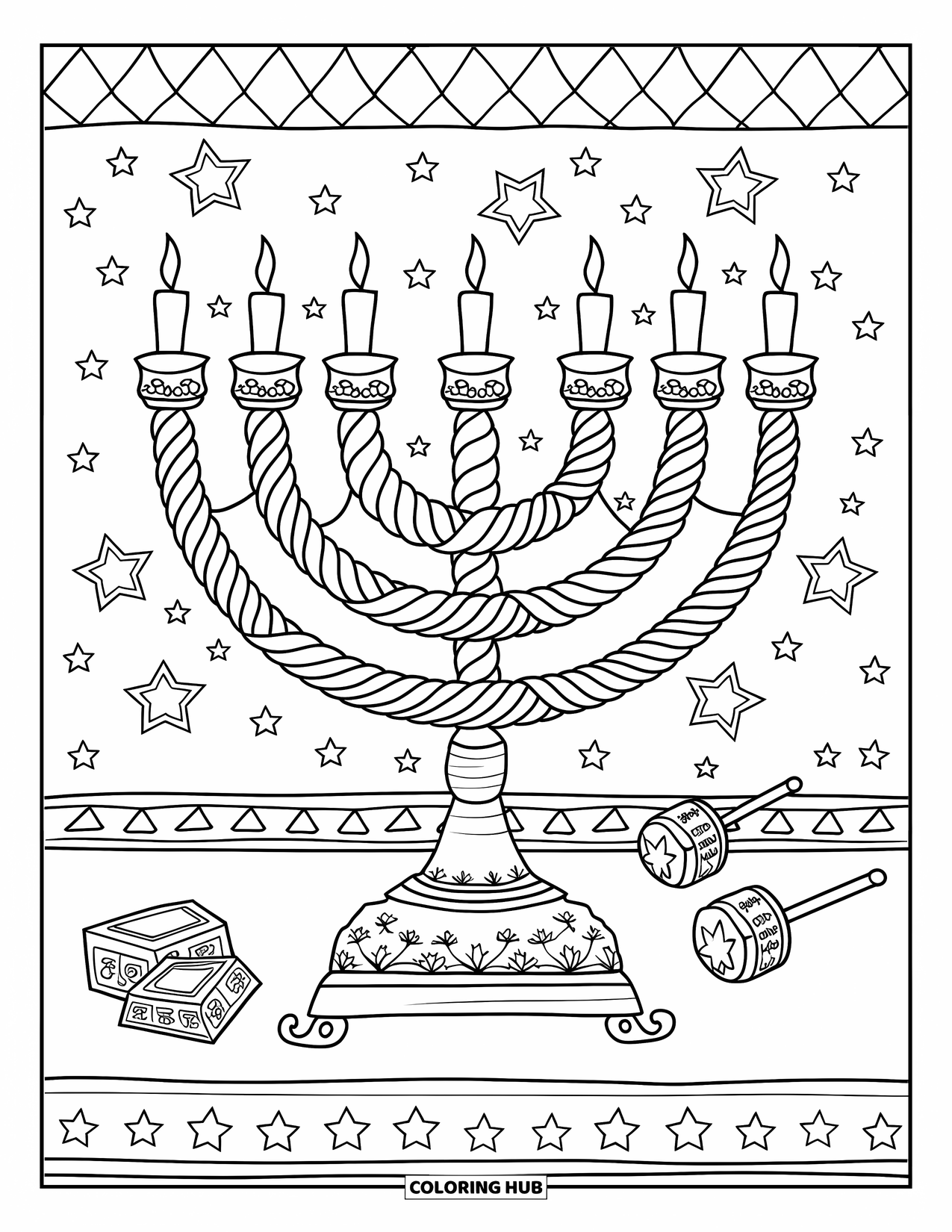Hanukkah Coloring Page for Kids: A menorah with twisted branches glows beside stars and dreidels