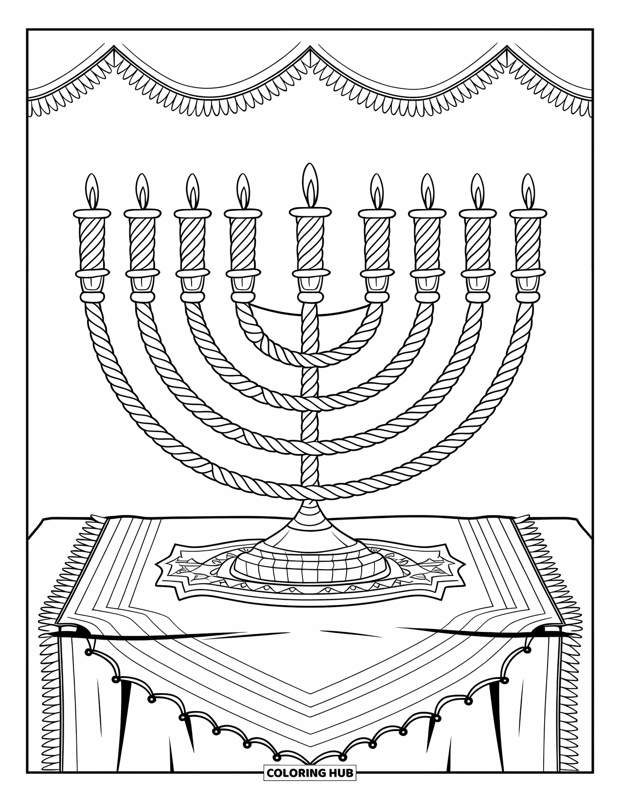 Hanukkah Coloring Page for Kids: A menorah with twisted candles stands proudly on a decorated table