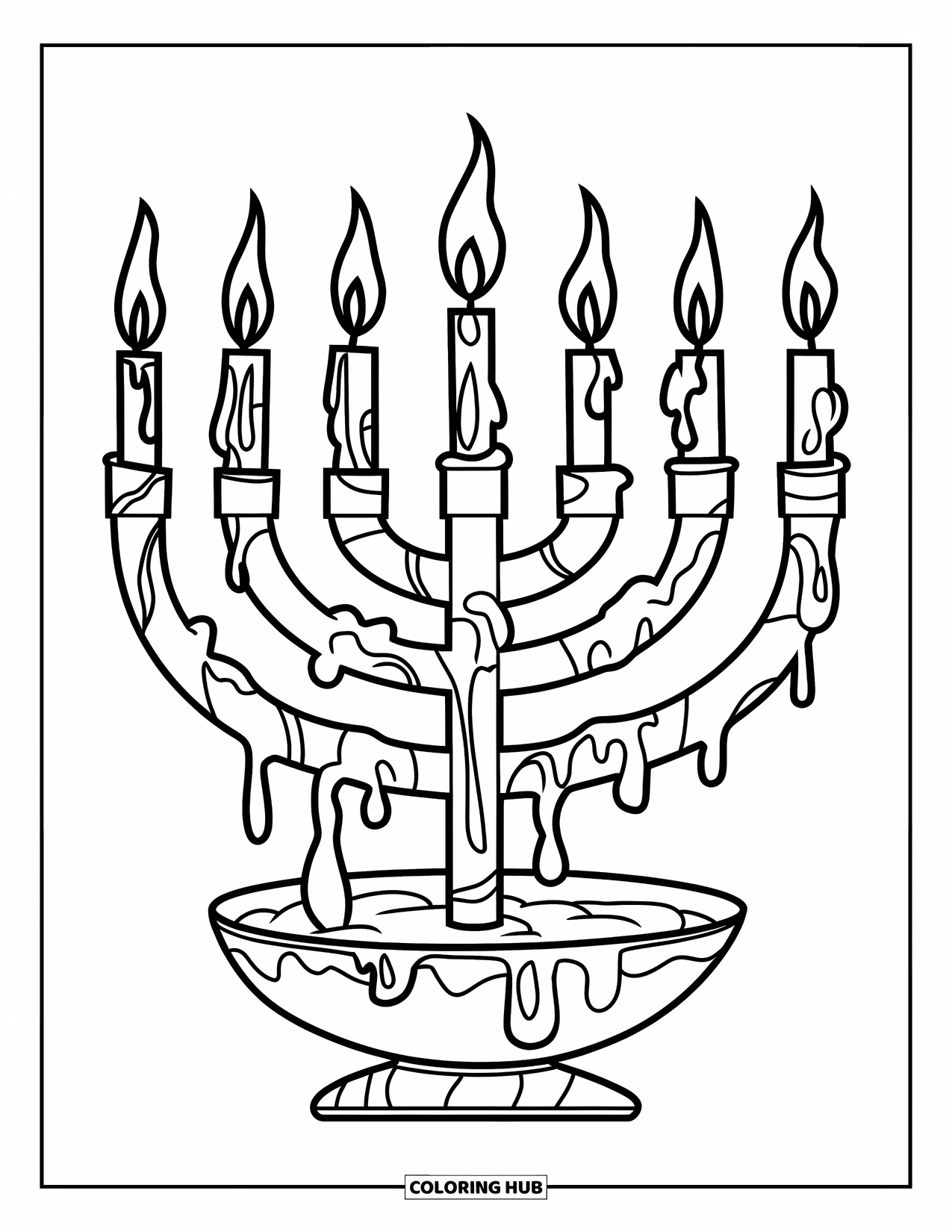 Hanukkah Coloring Page for Kids: A menorah's wax drips gently as its candles burn bright