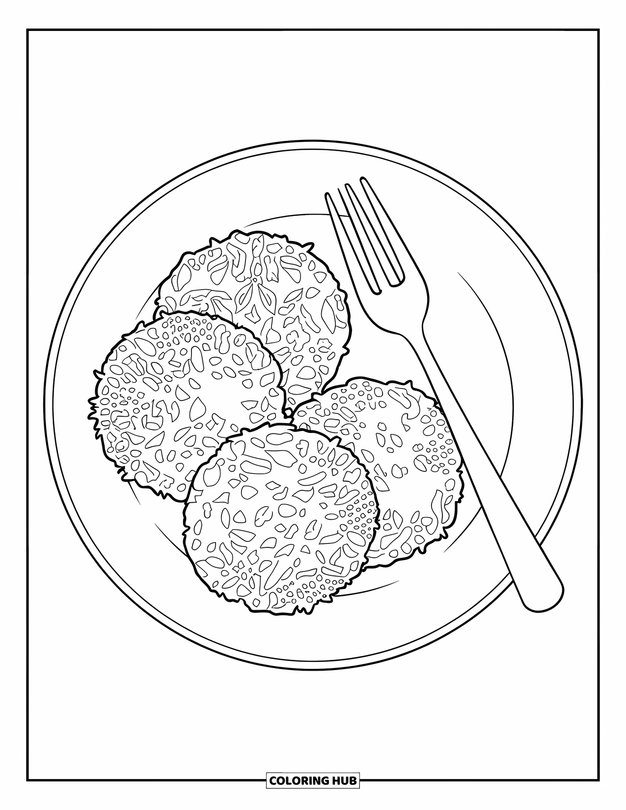Hanukkah Coloring Page for Kids: A plate of latkes and a fork sits ready for preschool fun