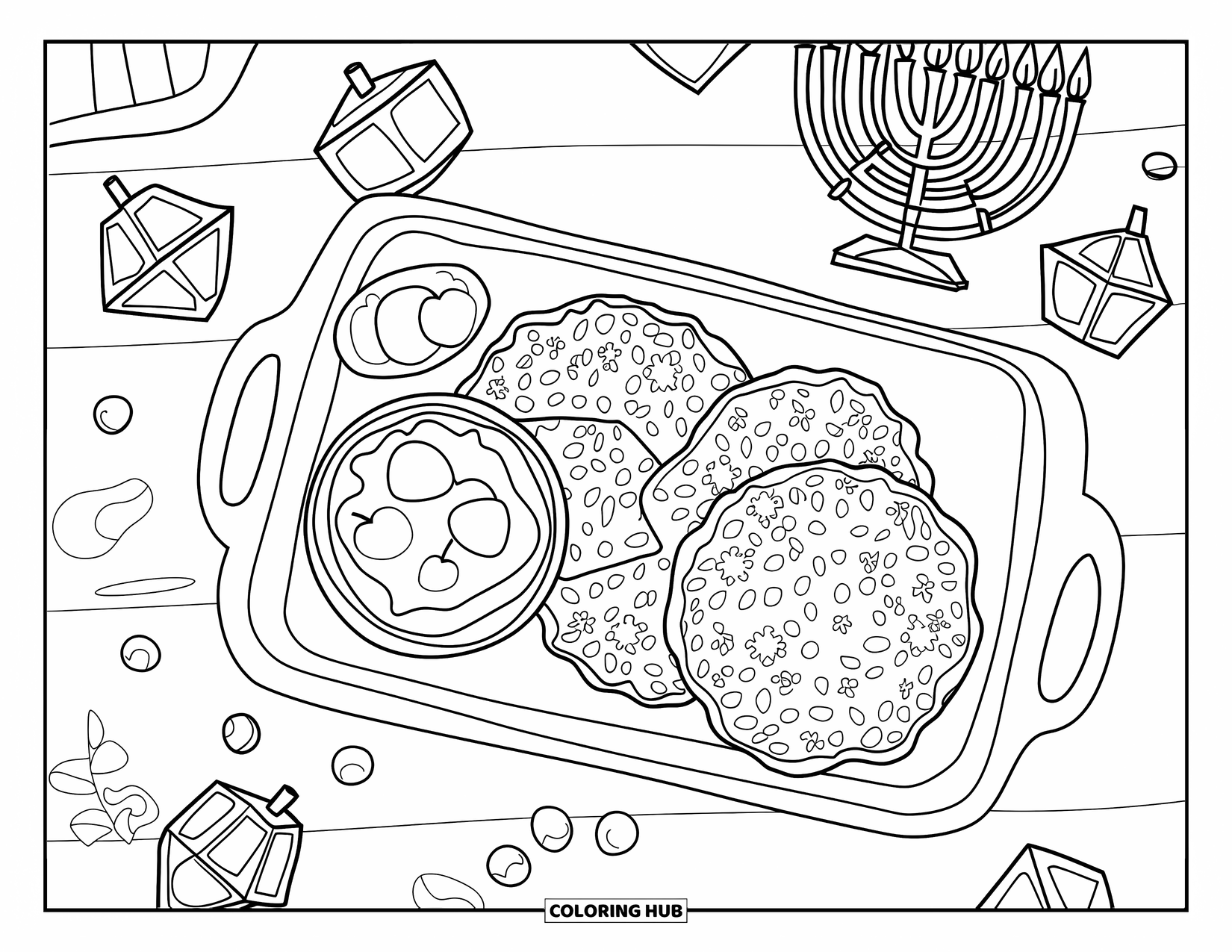 Hanukkah Coloring Page for Kids: A platter of latkes with menorahs and gelt creates holiday cheer