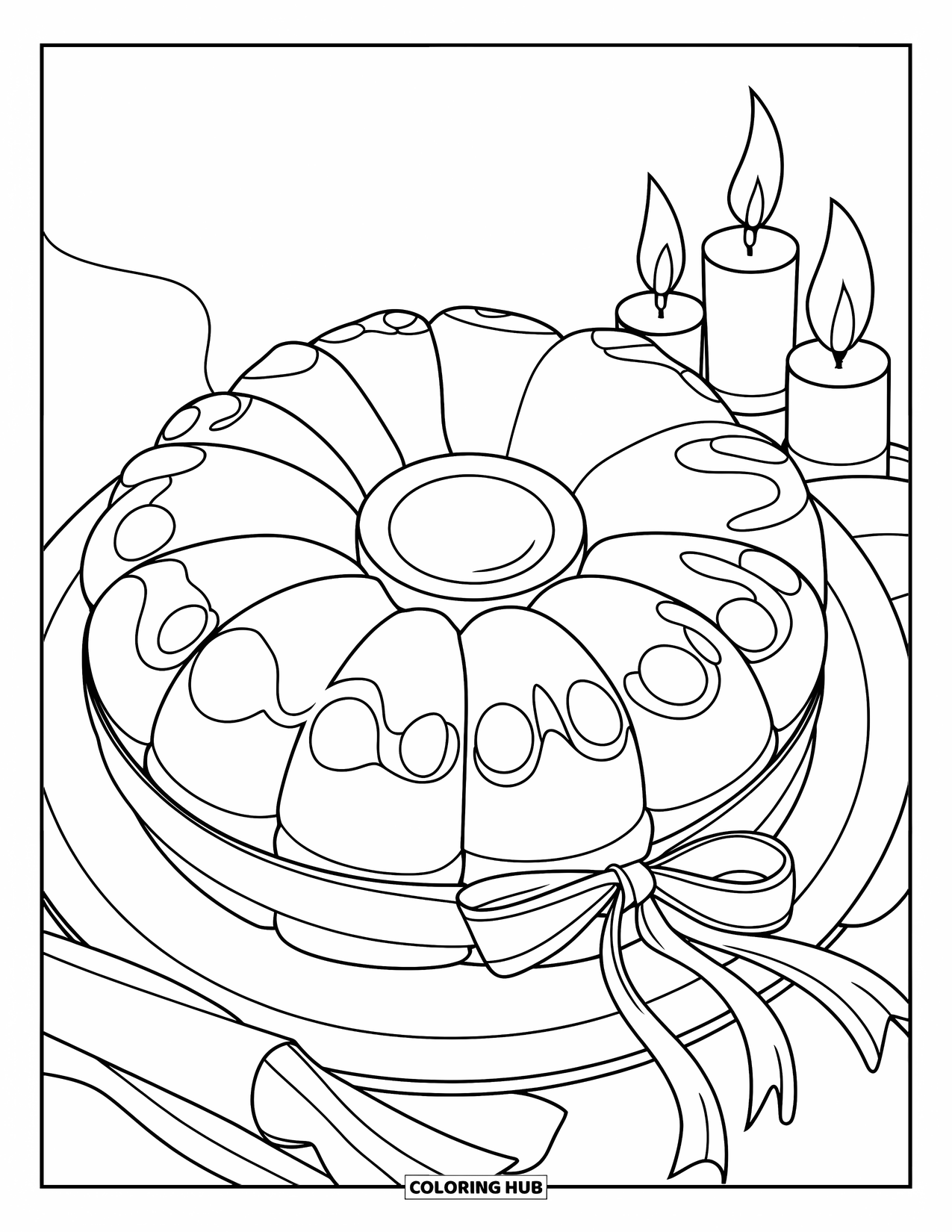 Hanukkah Coloring Page for Kids: A ribbon-tied doughnut rests beside glowing Hanukkah candles