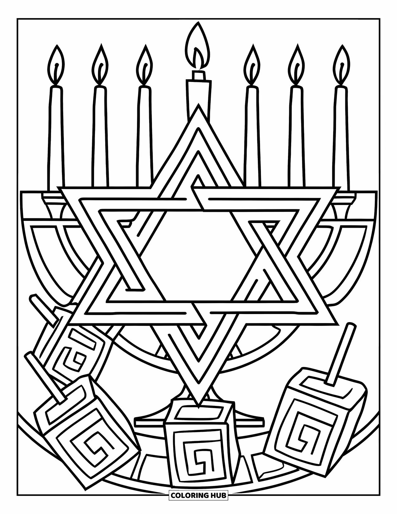Hanukkah Coloring Page for Kids: A Star of David design glows beside menorahs and dreidels