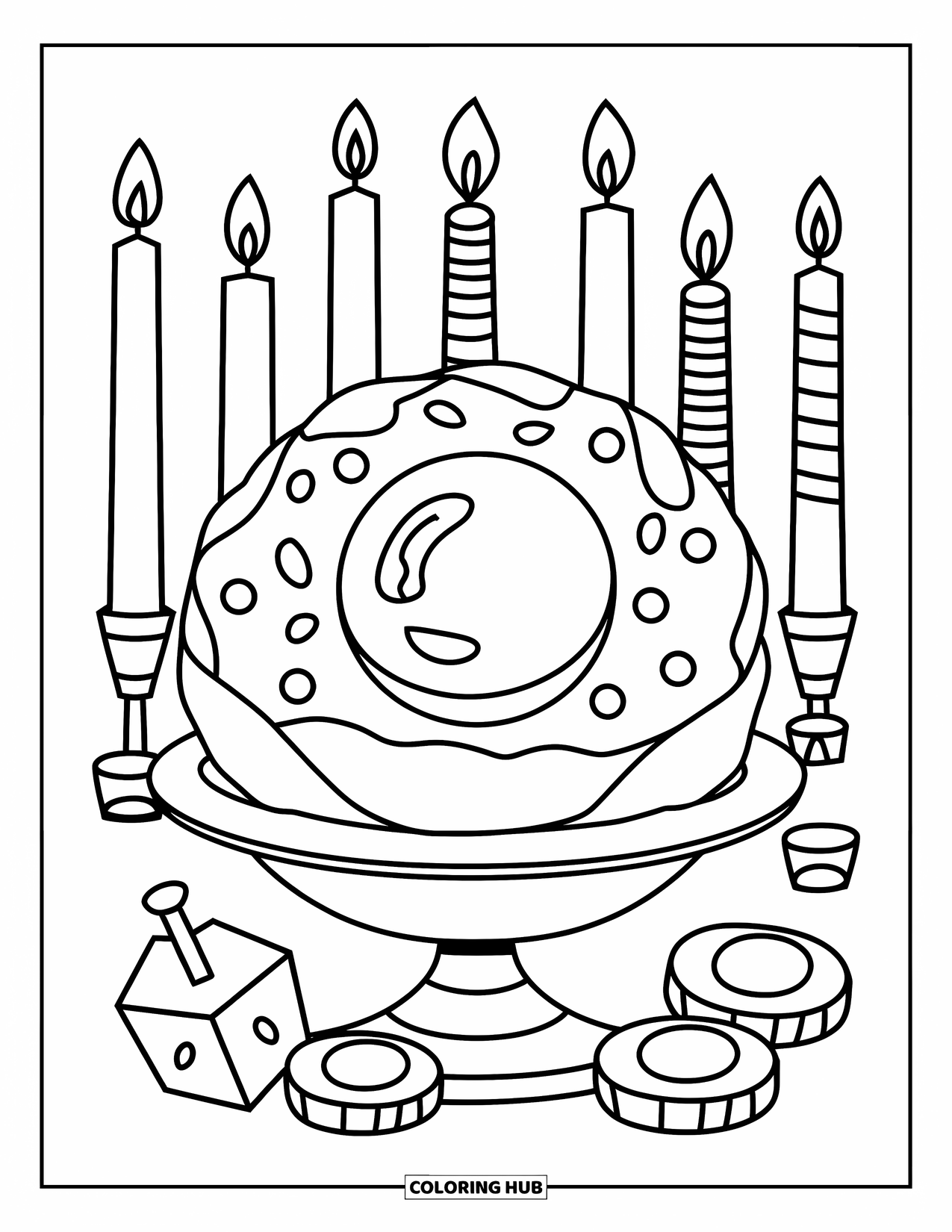 Hanukkah Coloring Page for Kids: A sweet sufganiyah glows among menorahs, dreidels, and coins
