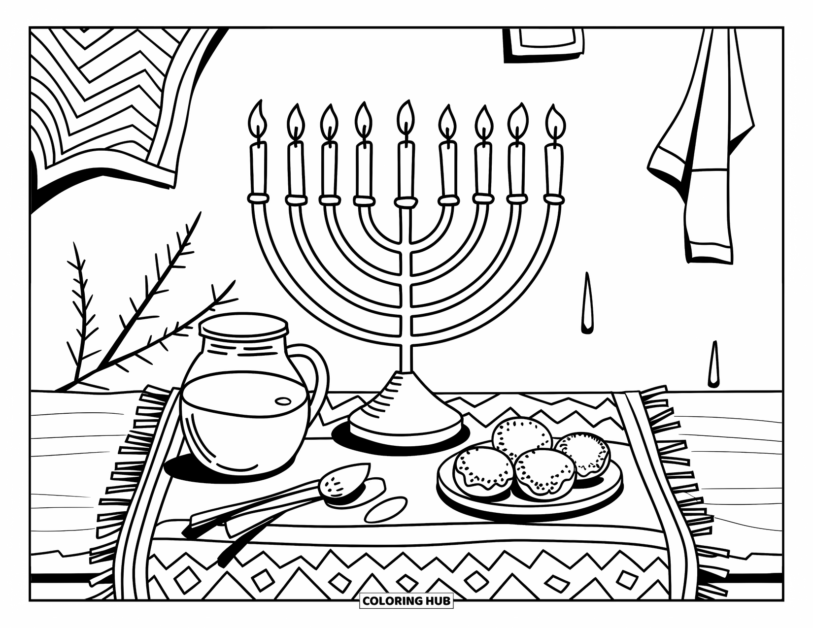 Hanukkah Coloring Page for Kids: A warm Hanukkah table displays candles, olive oil, and sweet doughnuts