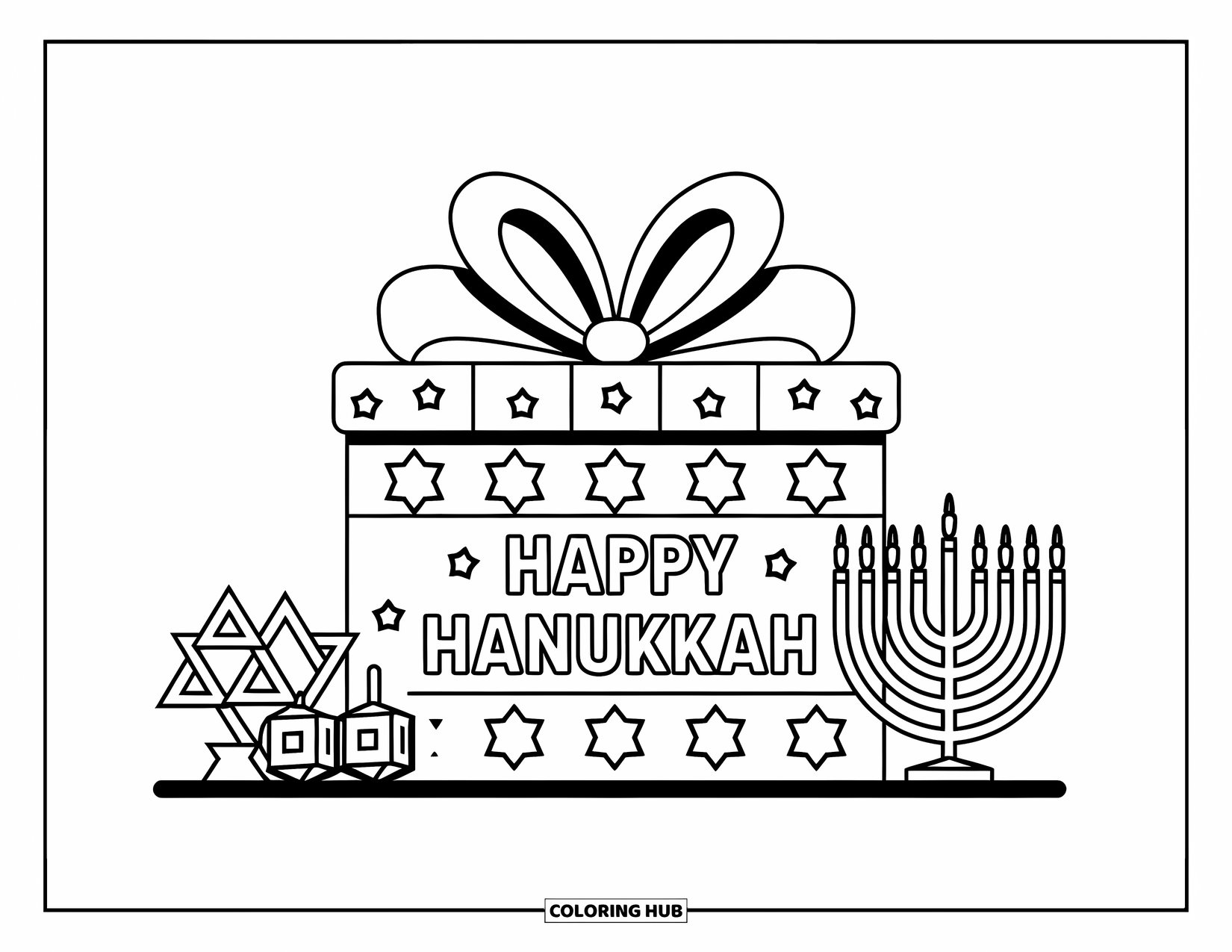 Hanukkah Coloring Page for Kids: A wrapped gift box with stars sits beside a menorah and dreidel