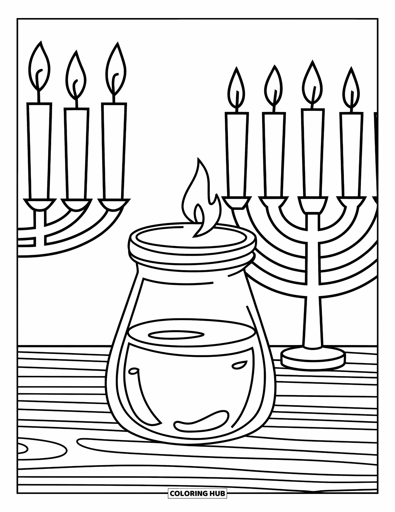 Hanukkah Coloring Page for Kids: An oil jar with a soft flame glows beside lit candles