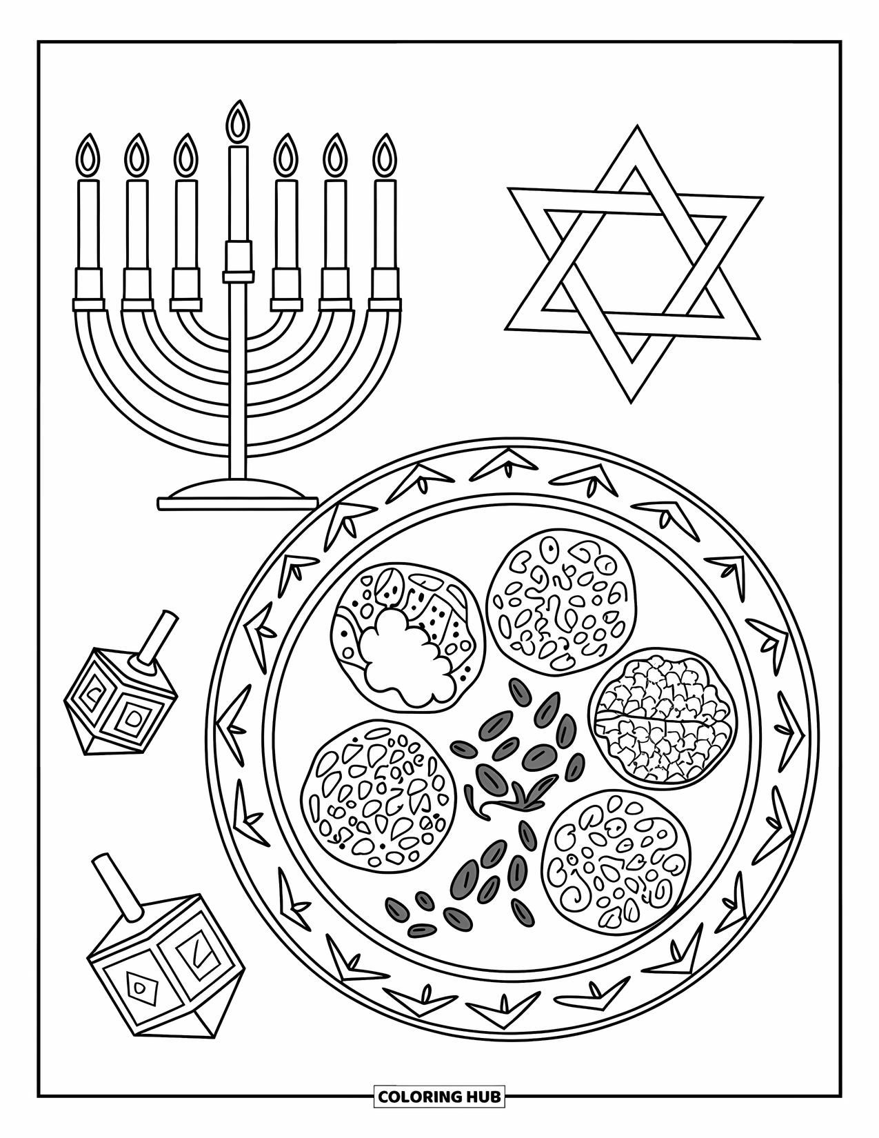 Hanukkah Coloring Page for Kids: Six tasty latkes rest on a plate beside a menorah and dreidel