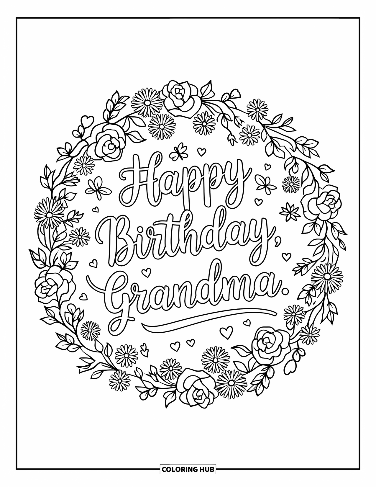 Happy Birthday Grandma Coloring Page for Adults: Floral wreath with "Happy Birthday, Grandma" in elegant lettering