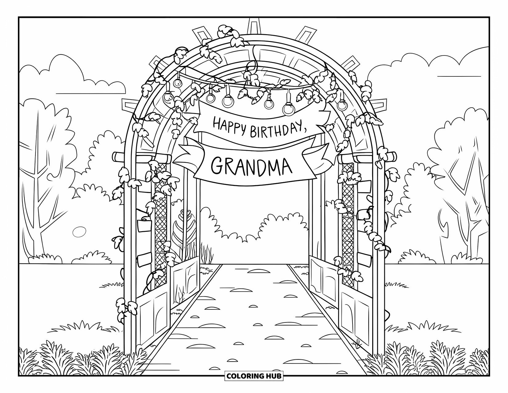 Happy Birthday Grandma Coloring Page for Adults: Garden archway with vines, lights, and a "Happy Birthday, Grandma" banner