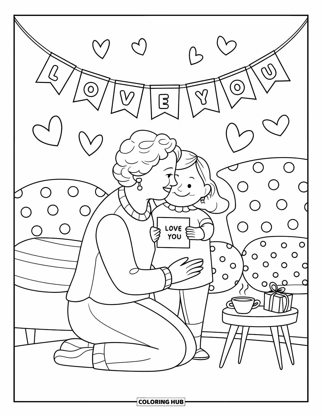 Happy Birthday Grandma Coloring Page for Adults: Grandma kneeling for a hug from her grandchild holding a "Love You" card