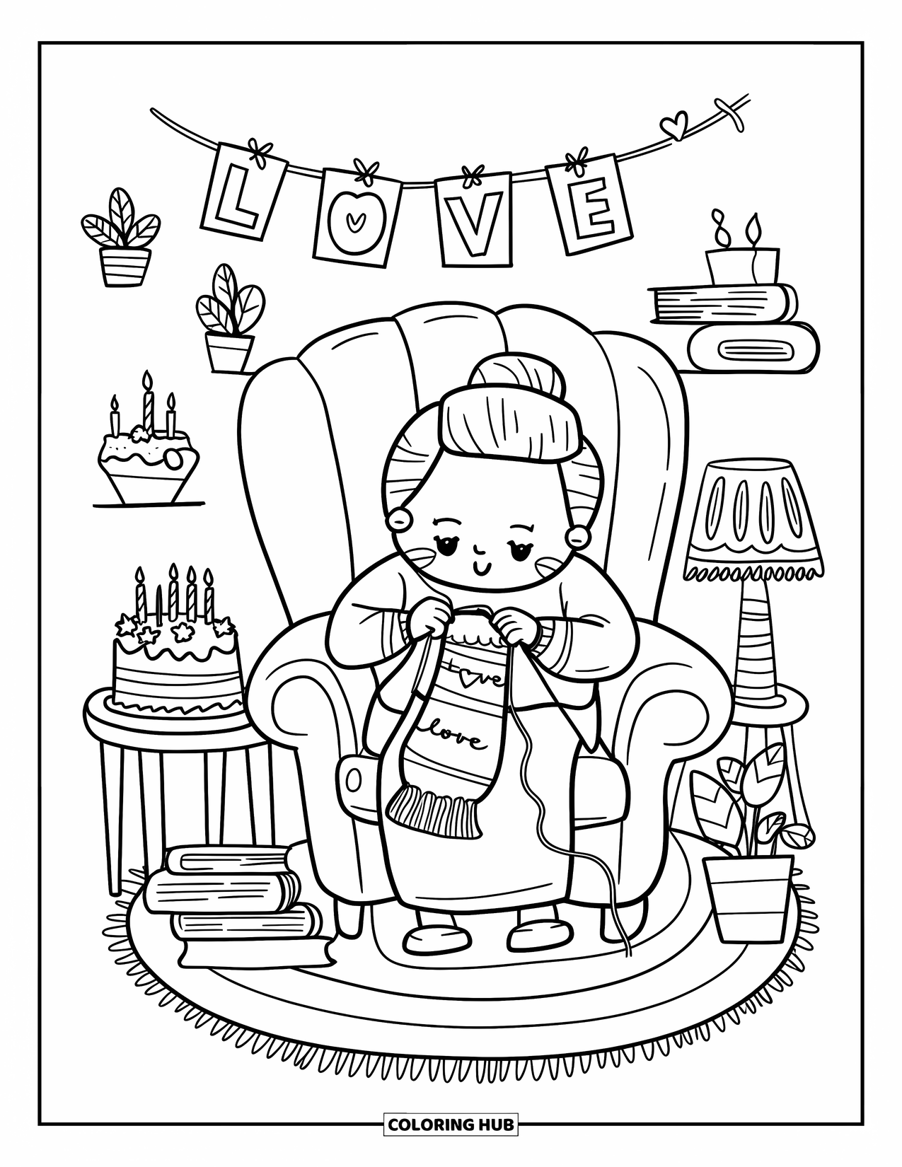 Happy Birthday Grandma Coloring Page for Adults: Grandma knitting a scarf labeled "Love" in her cozy decorated room
