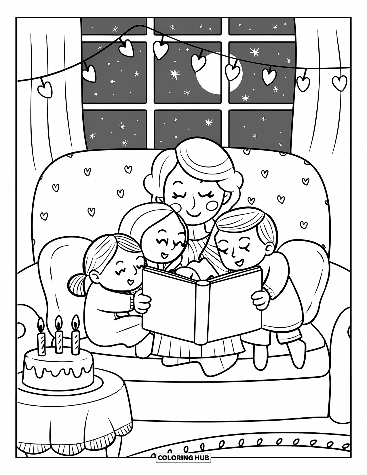 Happy Birthday Grandma Coloring Page for Adults: Grandma reading stories to her grandkids under glowing heart lights