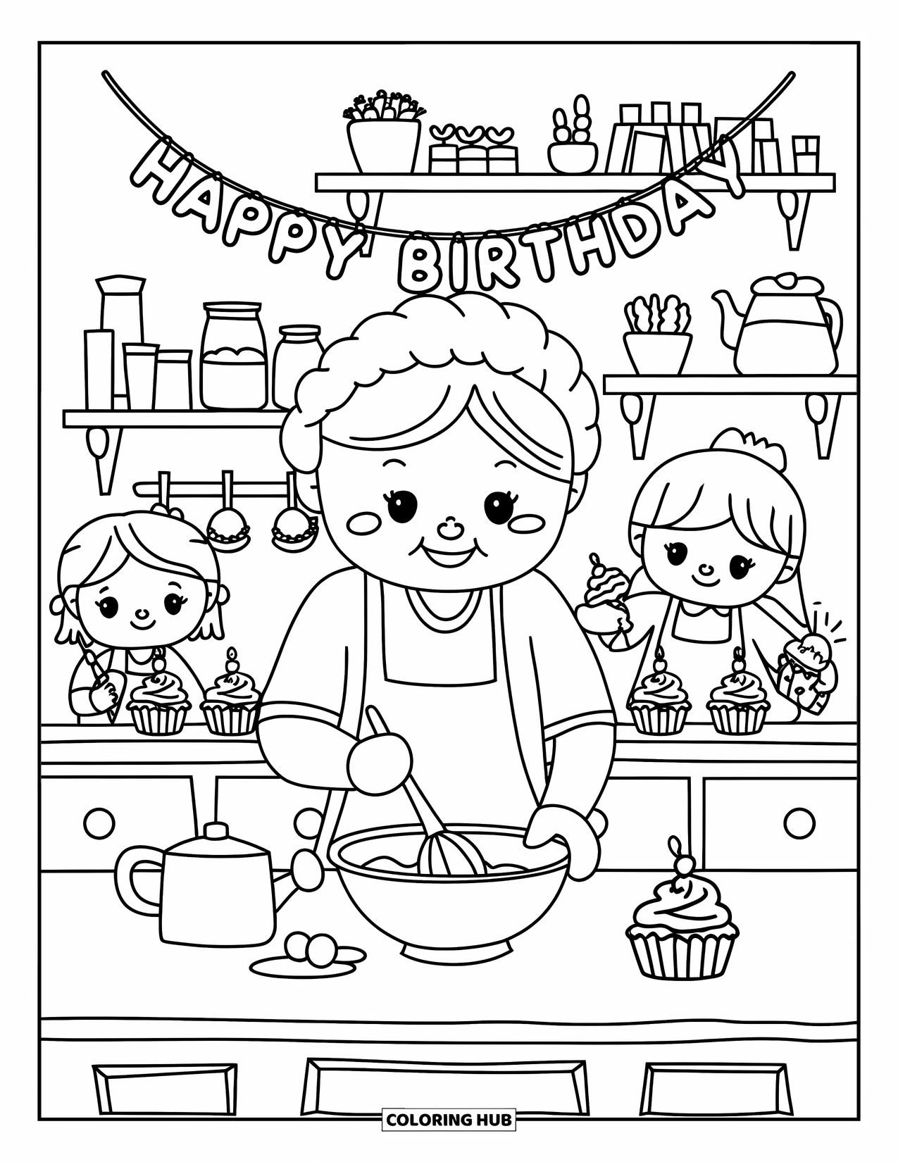 Happy Birthday Grandma Coloring Page for Adults: Grandma stirring batter while kids decorate cupcakes in a happy kitchen
