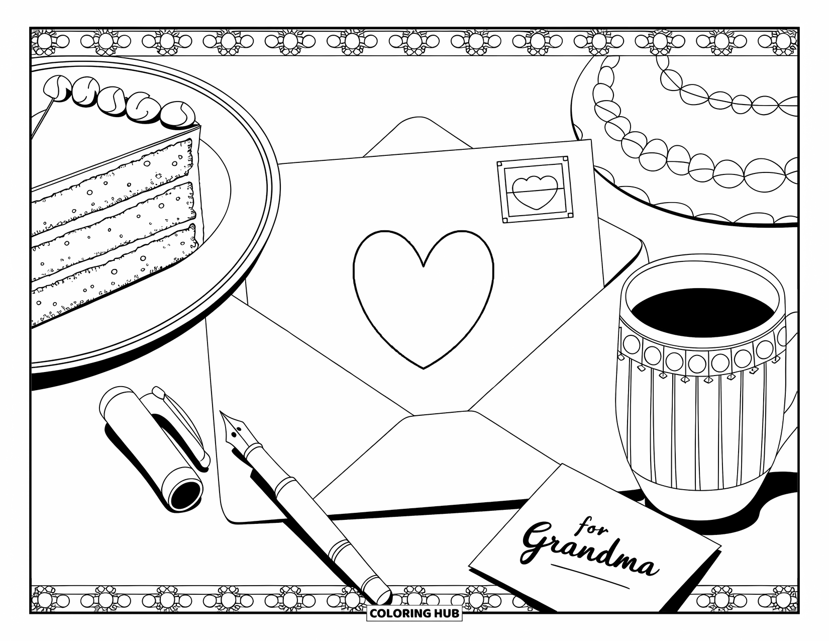 Happy Birthday Grandma Coloring Page for Adults: Letter, cake, and mug on a tabletop with a "For Grandma" card