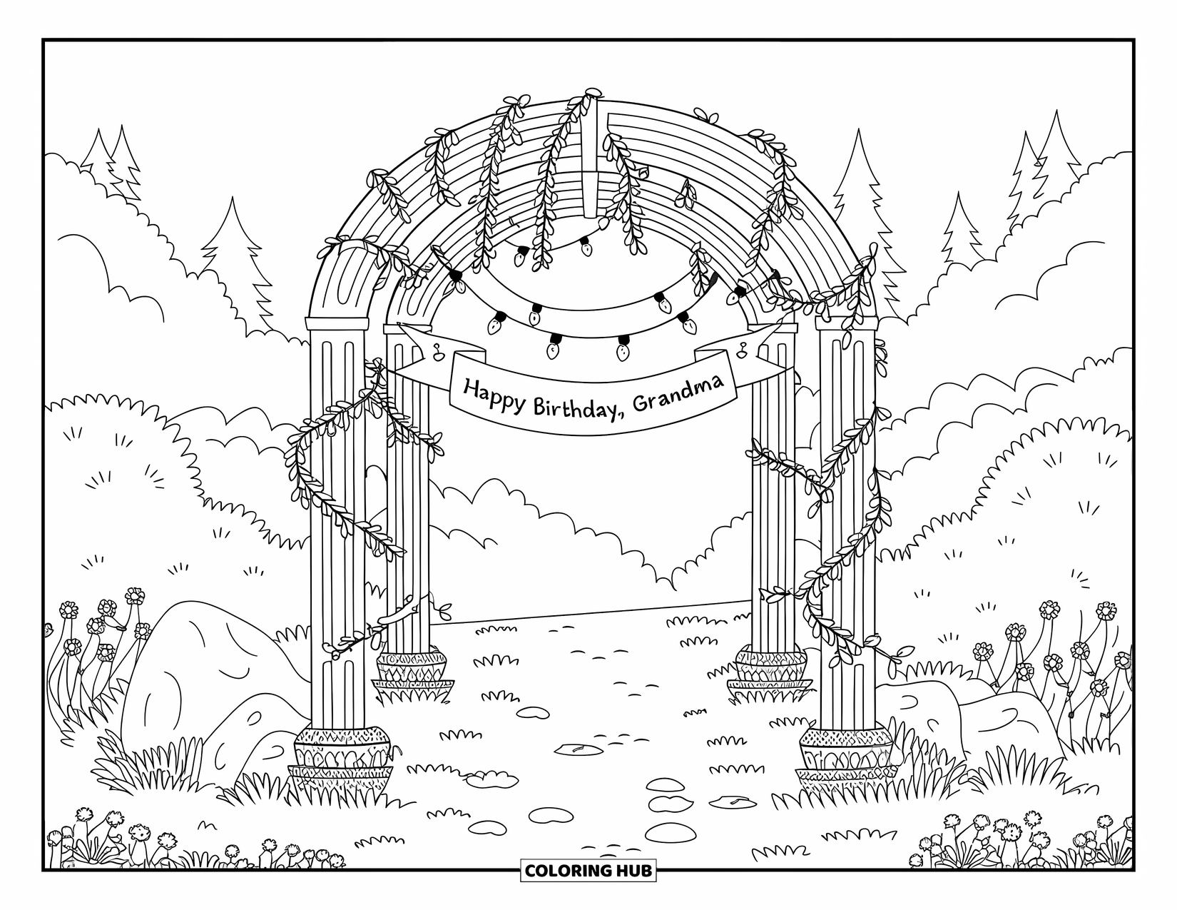Happy Birthday Grandma Coloring Page for Adults: Lush garden archway with flowers and a "Happy Birthday, Grandma" sign