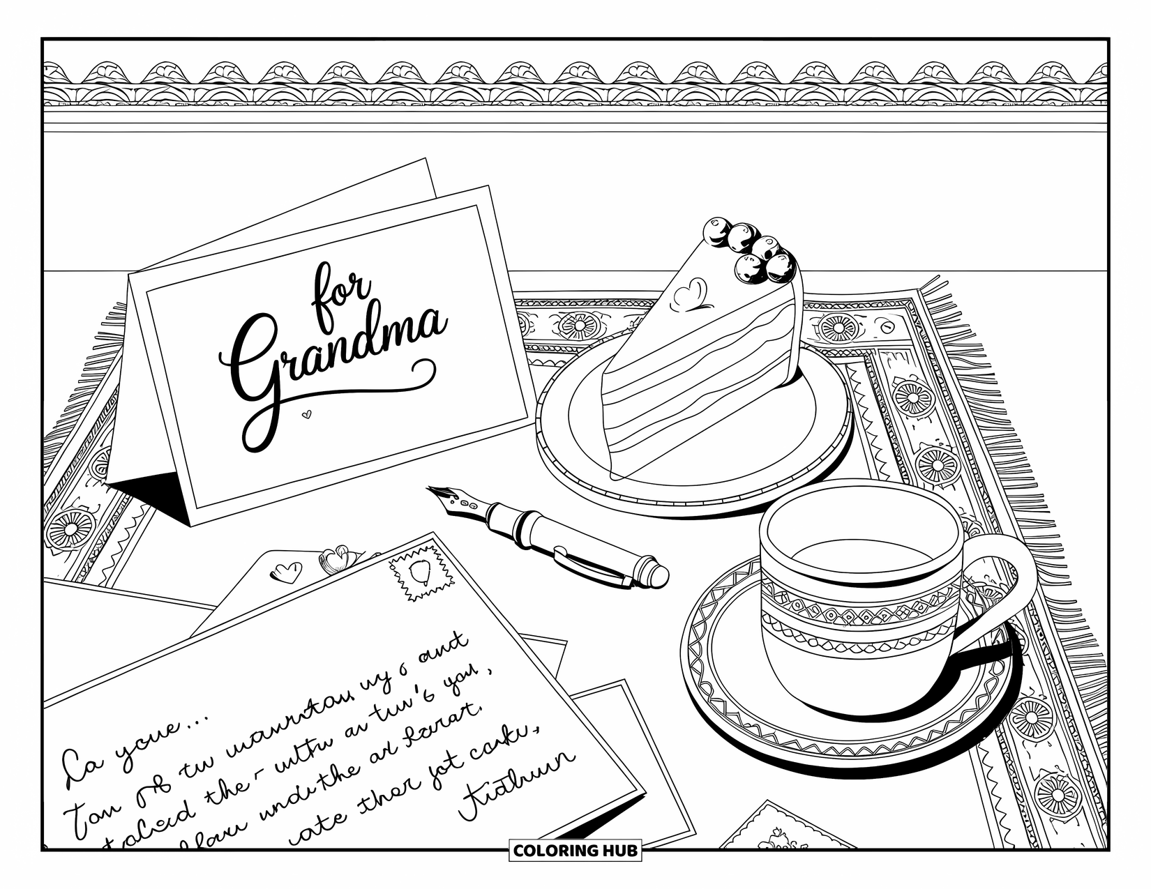 Happy Birthday Grandma Coloring Page for Adults: Tabletop with a letter, cake, and mug beside a "For Grandma" card