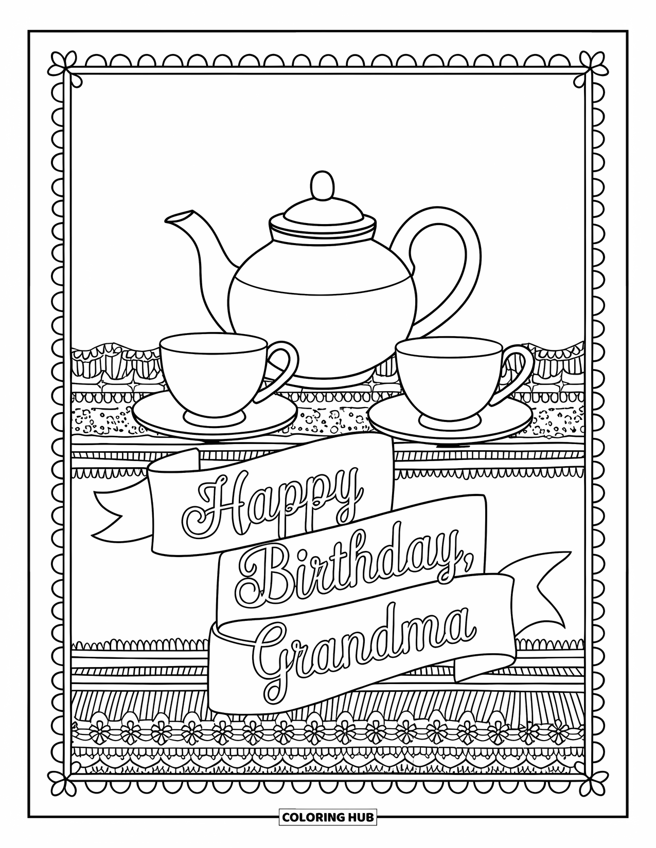Happy Birthday Grandma Coloring Page for Adults: Teapot and teacup on lace cloth bordered with a birthday message