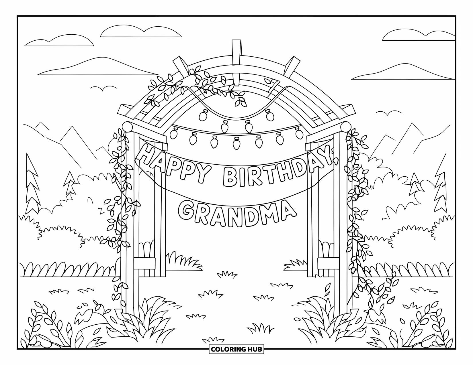 Happy Birthday Grandma Coloring Page for Adults: Wooden archway in a peaceful garden with a banner for Grandma