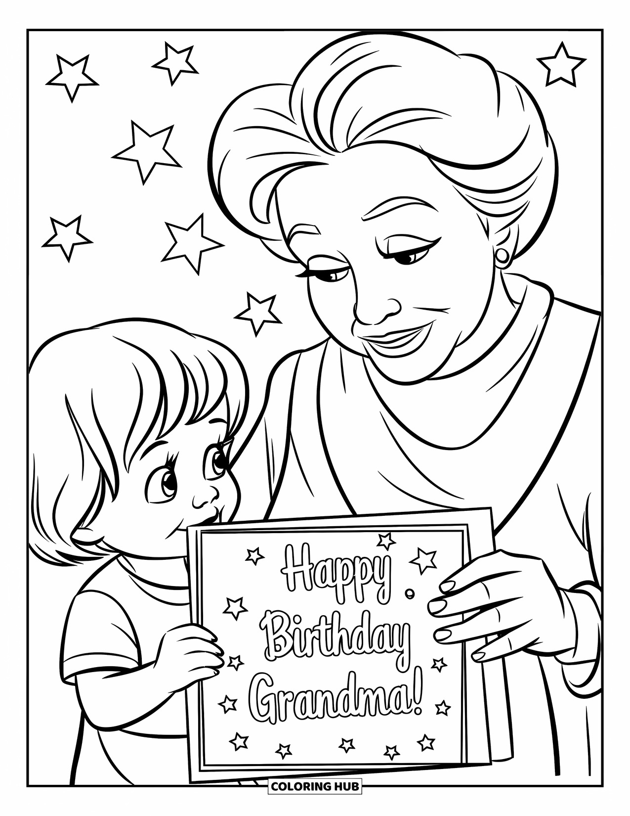 Happy Birthday Grandma Coloring Page for Kids: Child giving Grandma a ìHappy Birthdayî card with stars