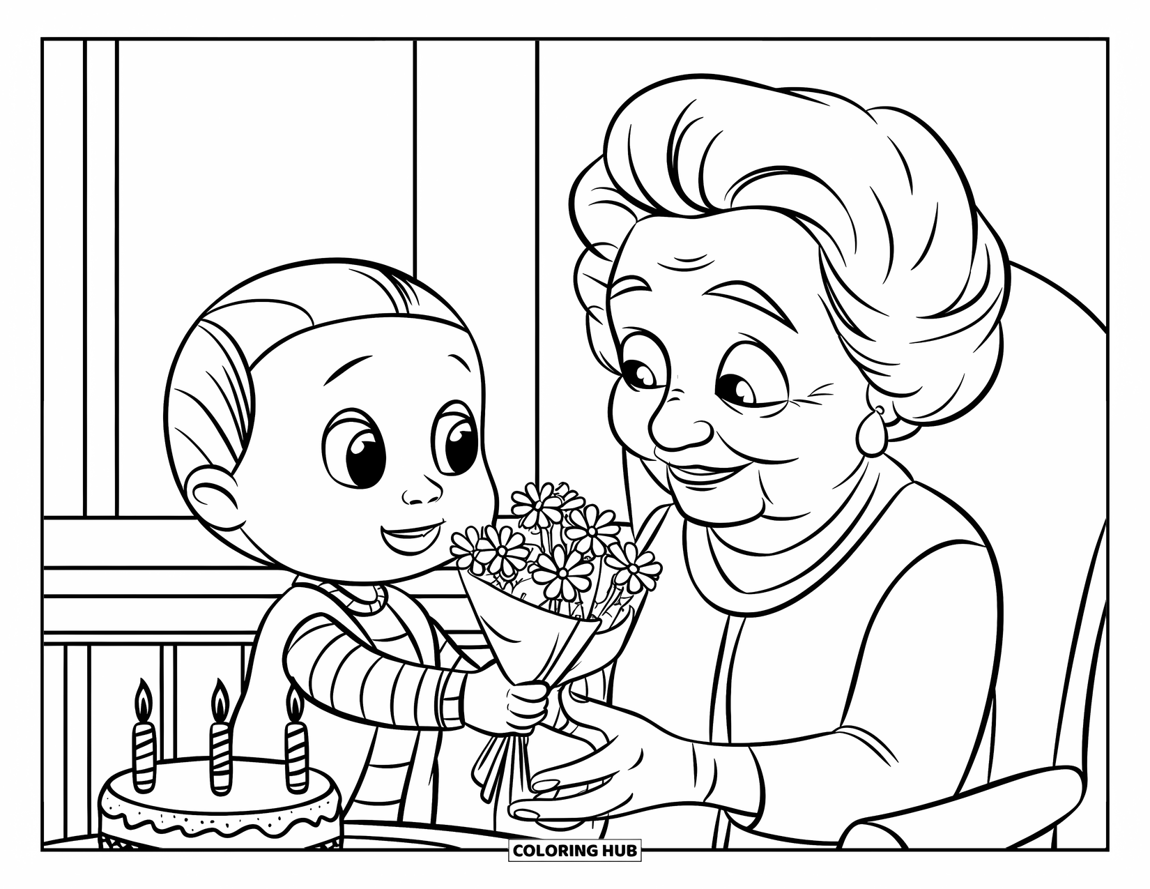 Happy Birthday Grandma Coloring Page for Kids: Child giving Grandma flowers beside a cake and table